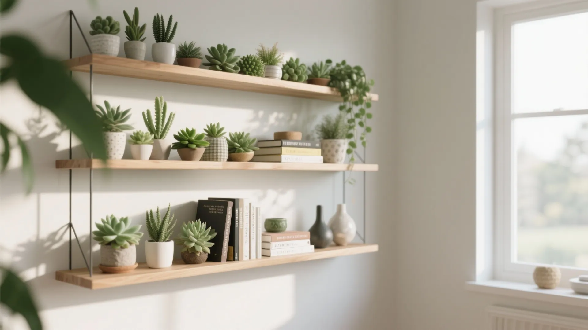 Succulents mixed with books and decor on floating wall shelves.