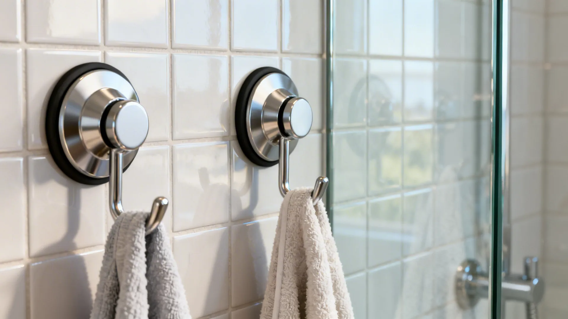 Close-up of suction and magnetic hooks on tile and glass holding towels.