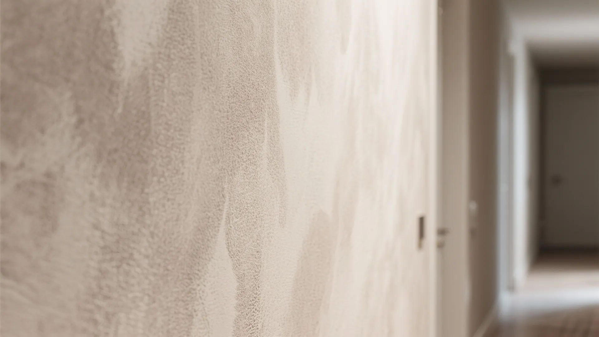 Close up view of a beige textured wall with soft paint finish in a bright hallway