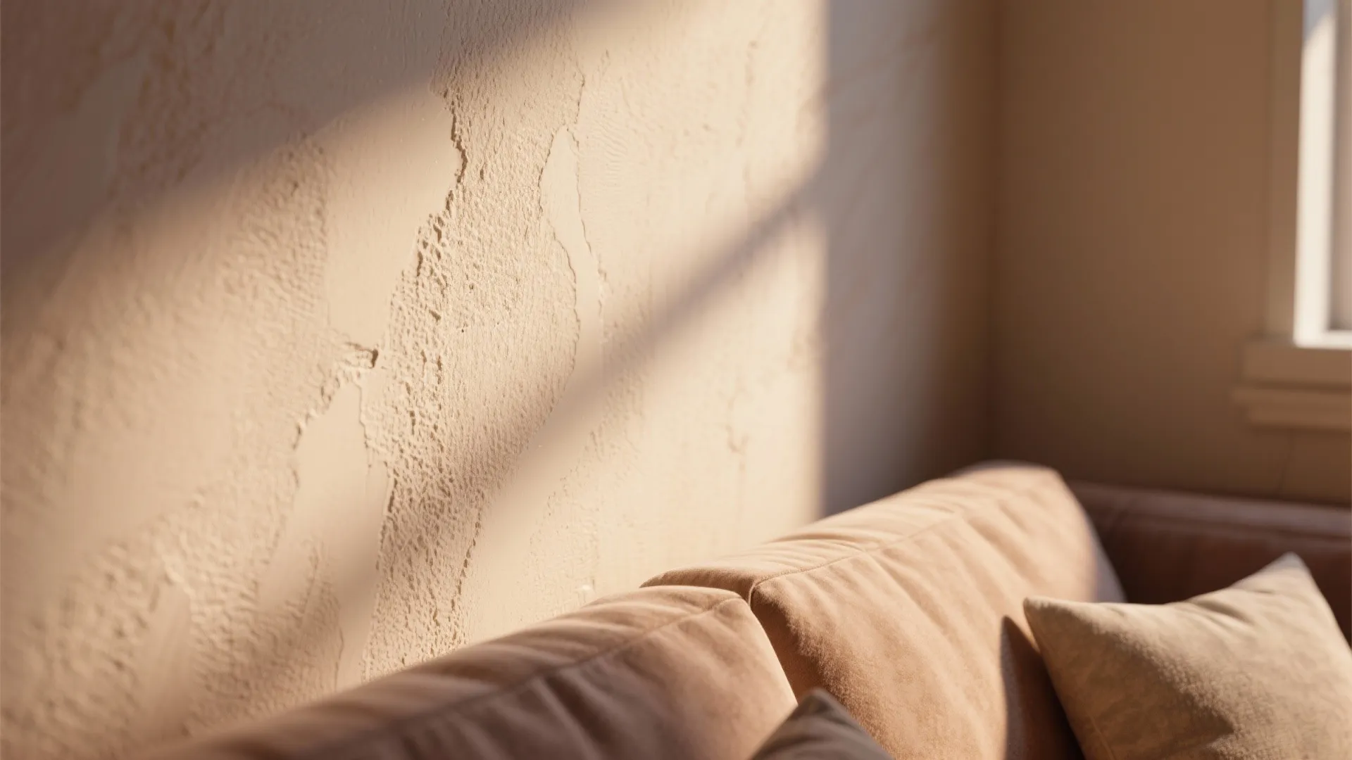 Textured beige wall with sunlight shadows behind a soft tan sofa with several comfortable pillows