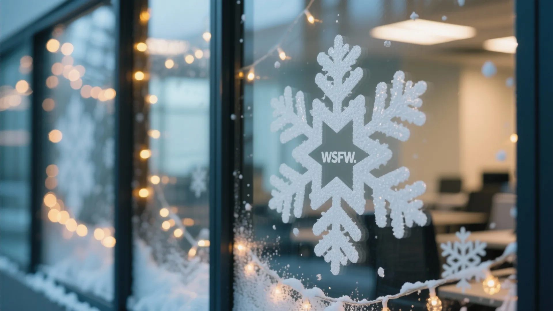Office glass windows with white snowflake stickers and warm fairy lights for a winter theme