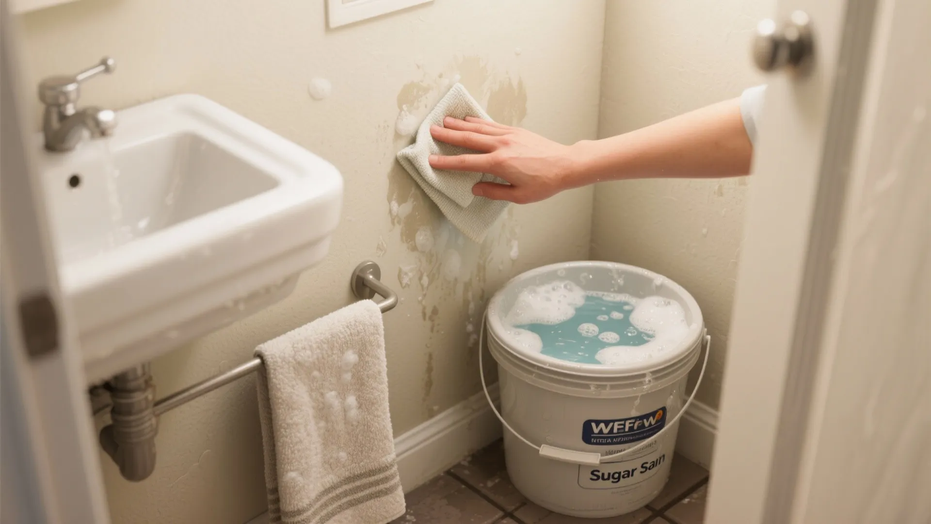 Hand wiping a bathroom wall with cloth next to a bucket of soapy water solution
