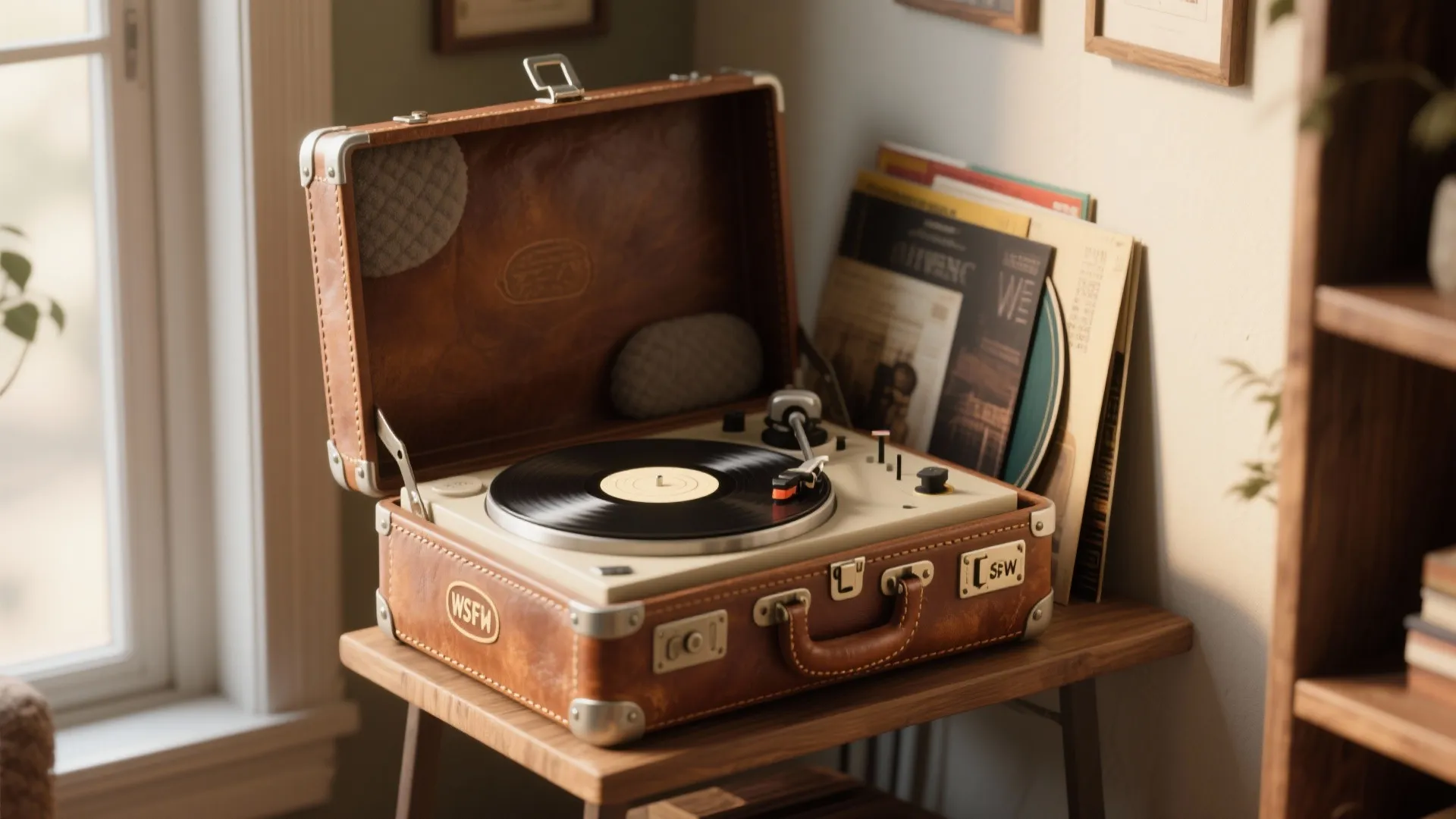 Vintage record player inside a brown leather suitcase sitting on a wooden table with records
