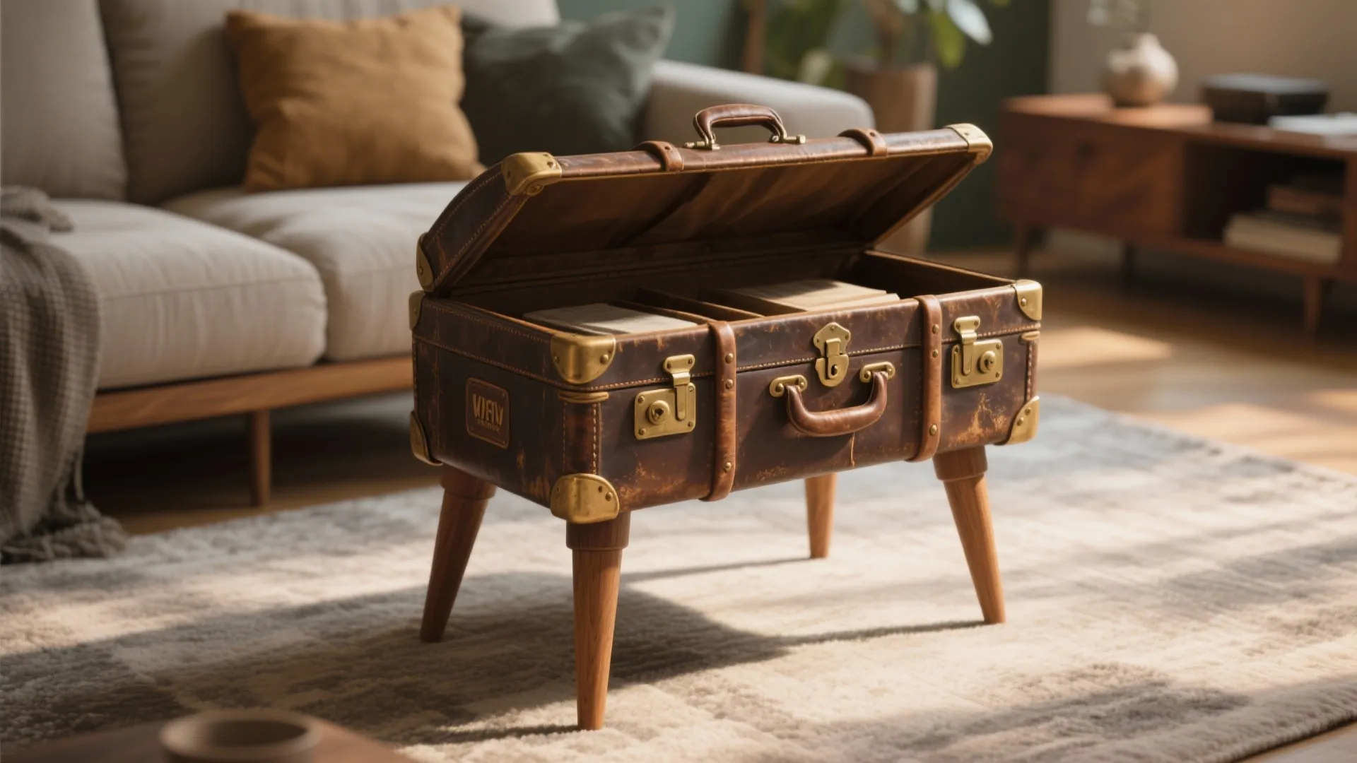Vintage brown suitcase coffee table with wooden legs in a cozy living room with beige sofa
