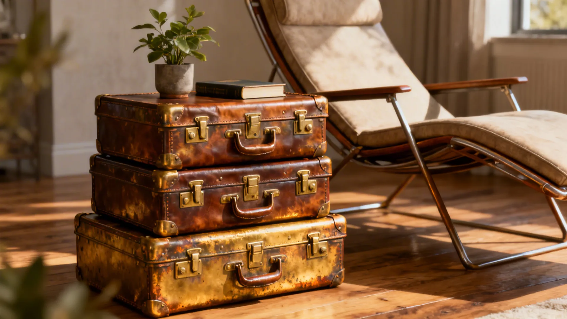 Vintage suitcase repurposed as an accent table, styled with a plant and book.
