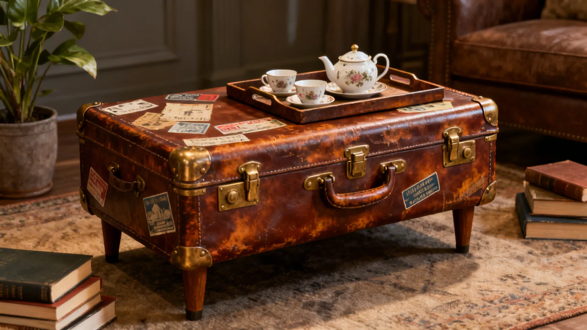 Vintage leather suitcase coffee table with wooden legs holding a tea set on patterned rug