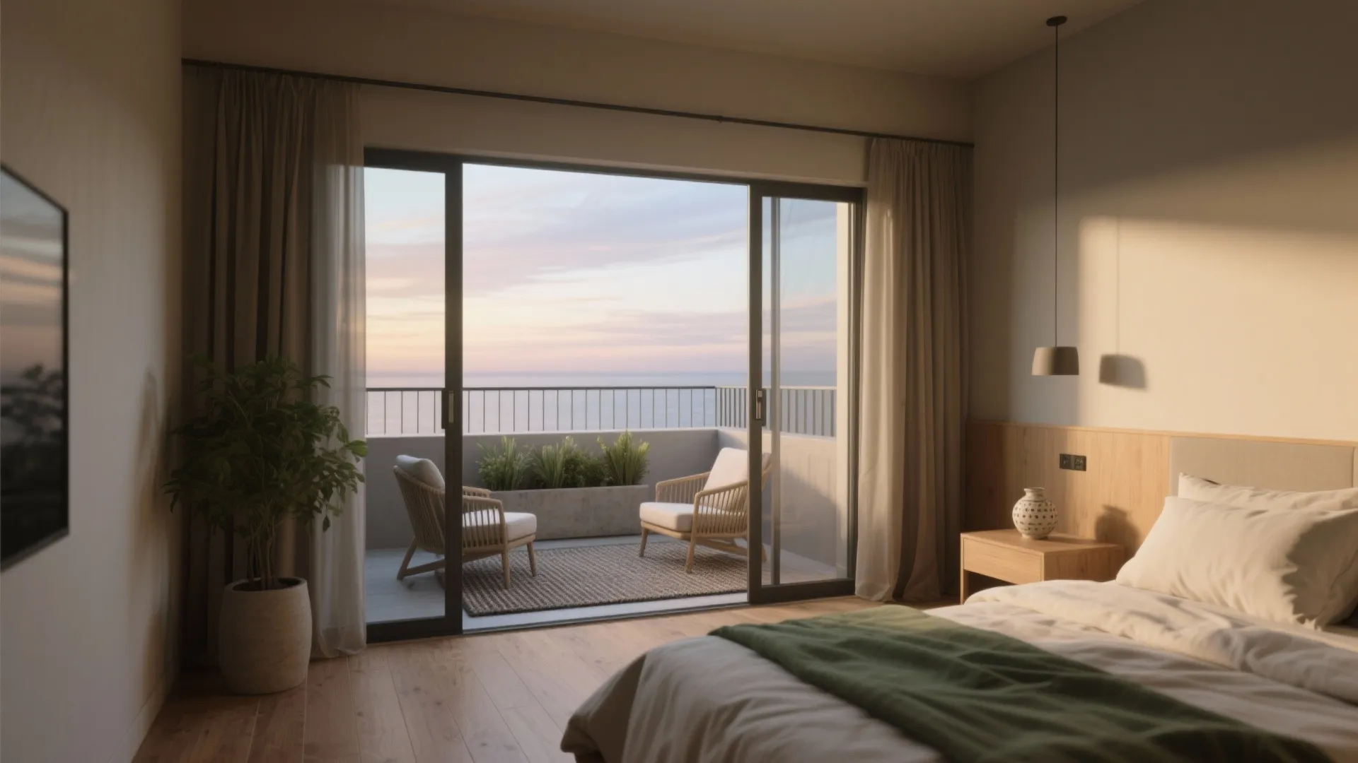 Cozy bedroom with green blanket and glass sliding doors leading to a private sunset ocean balcony