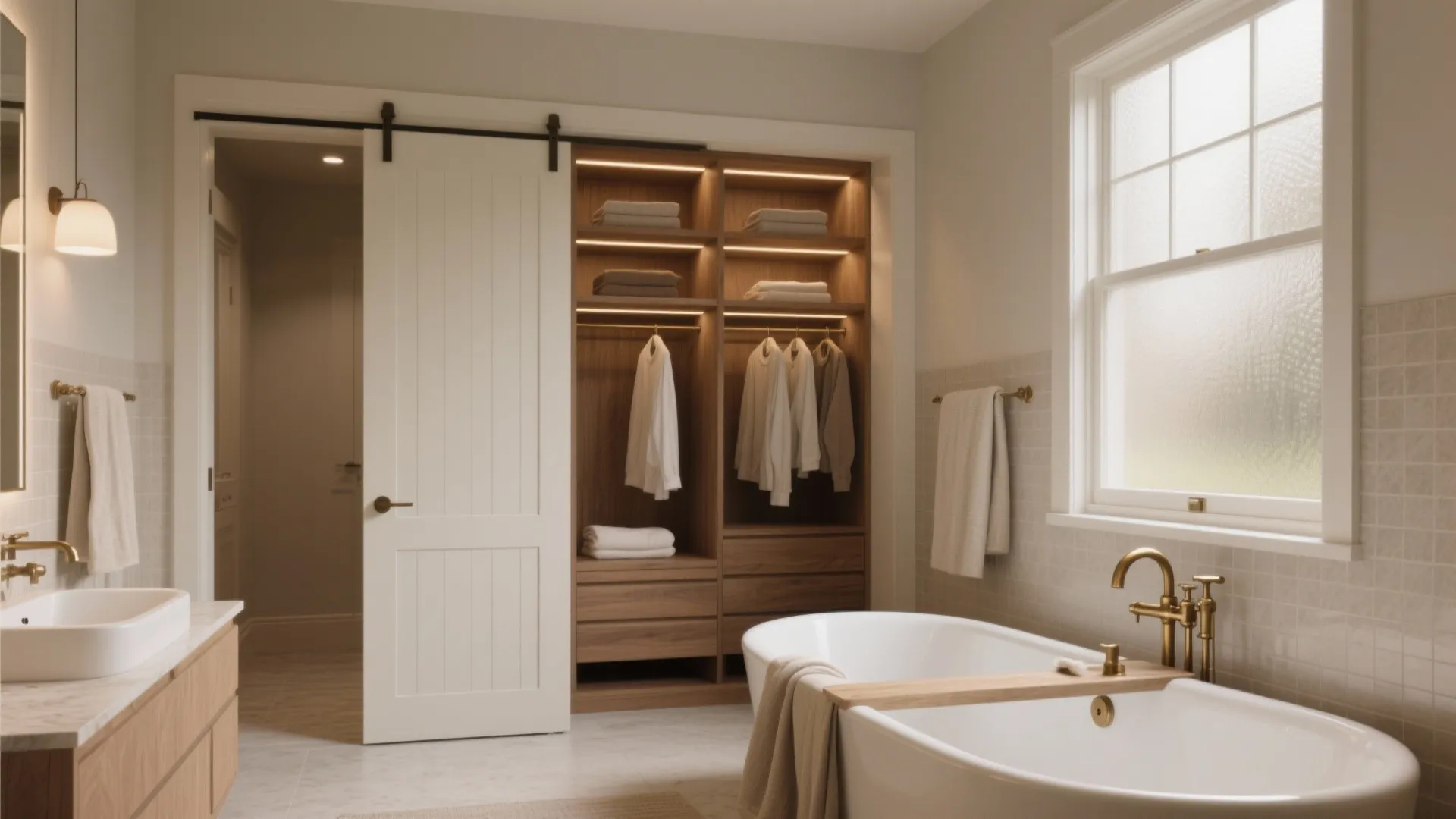 Interior of a compact master suite addition showing a double bathtub alcove and an organized walk-in closet.