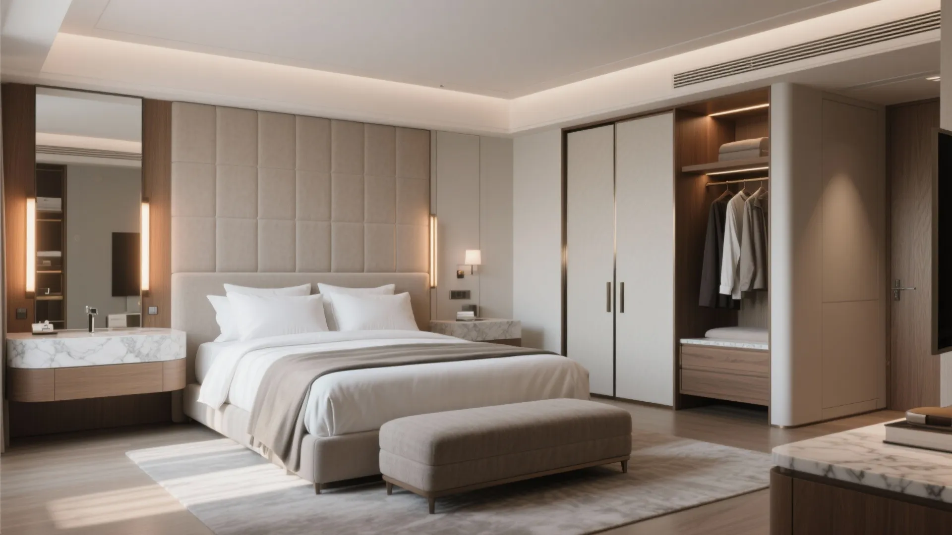 Suite-style primary bedroom with walk-in and vanity