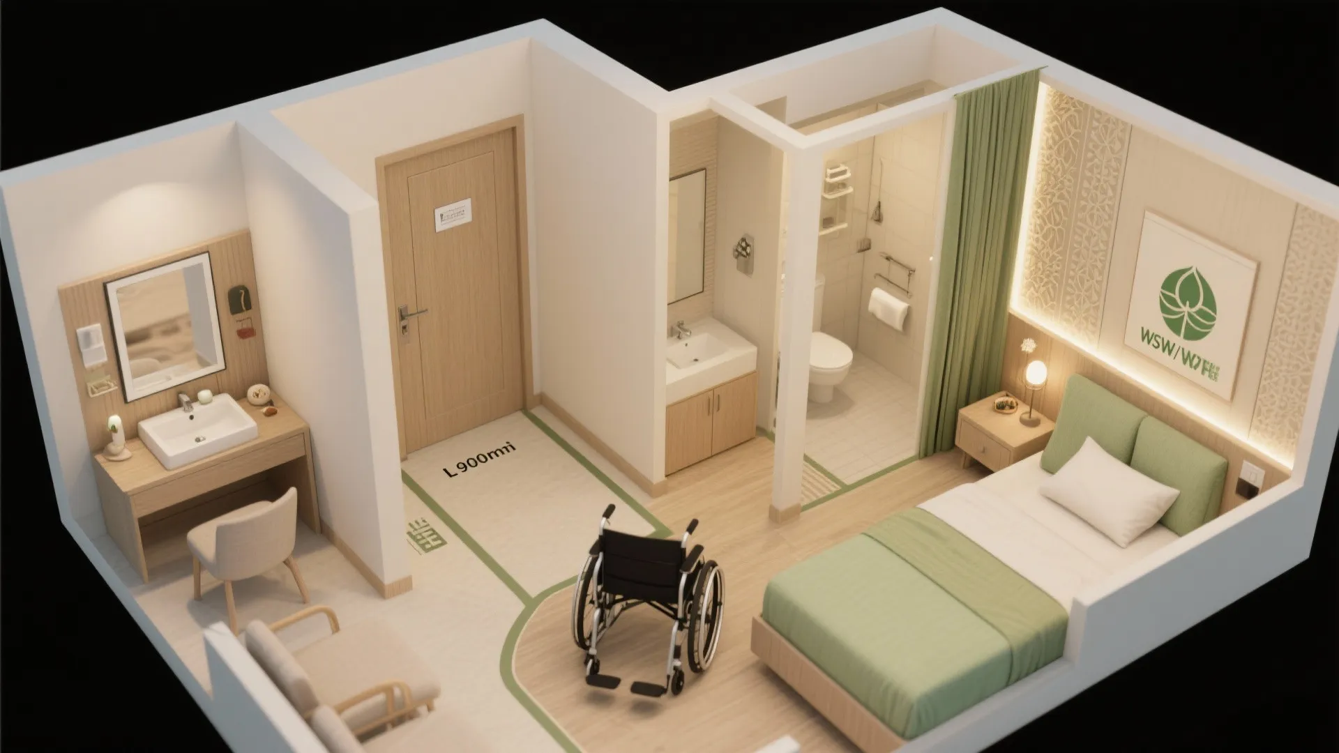 Interior design drawing showing accessible bedroom layout with a wheelchair sink bathroom and green bed sheets