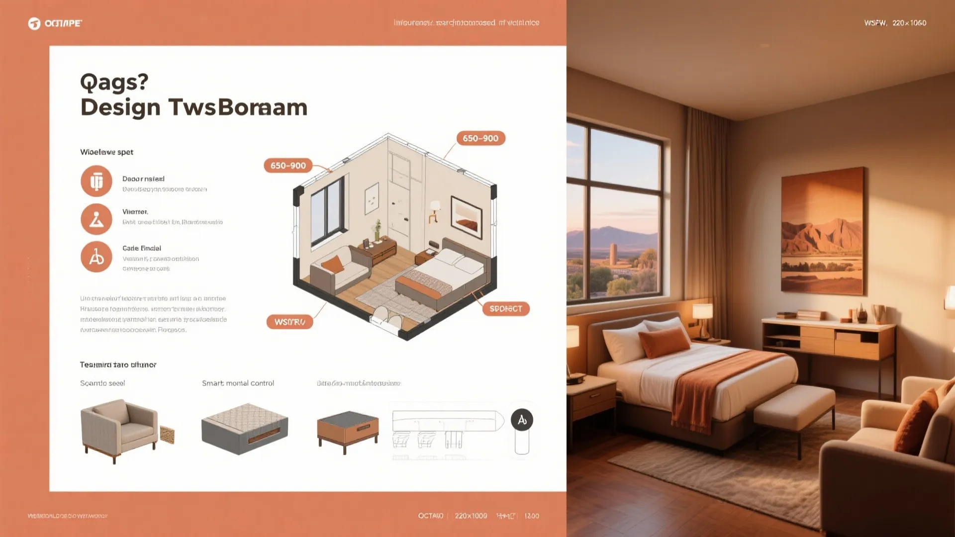 Infographic collage with floor plan tips, material recommendations and accessibility icons for a two-bedroom suite