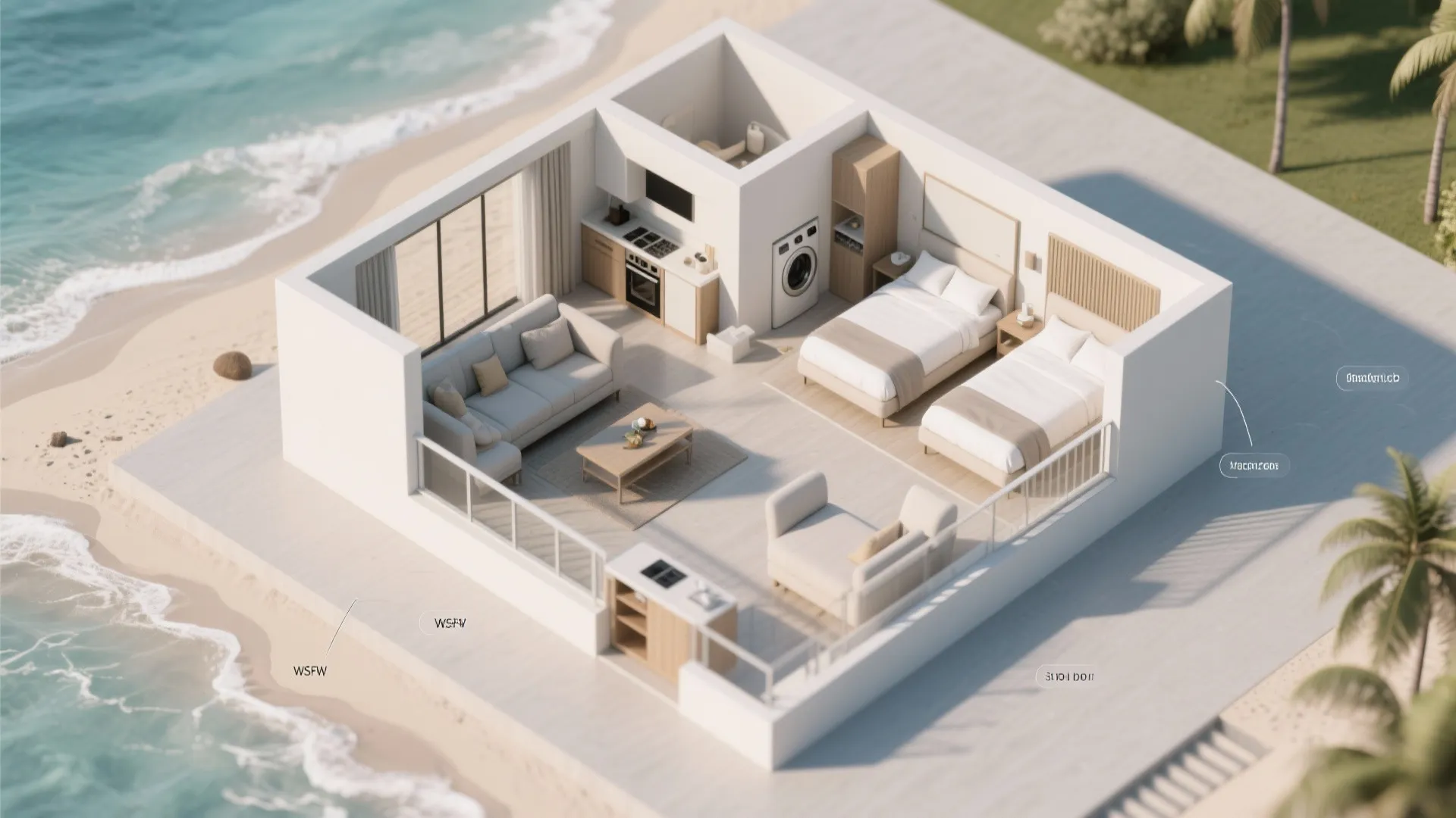 Isometric view of a beach house interior design drawing with living area and two beds