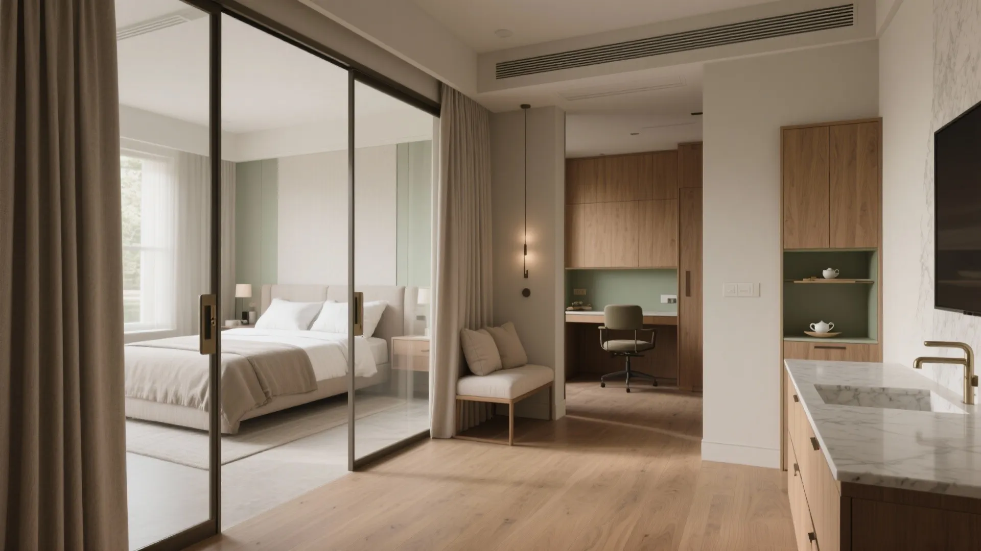 Room layout showing bedroom with glass doors and home office space with desk and chair