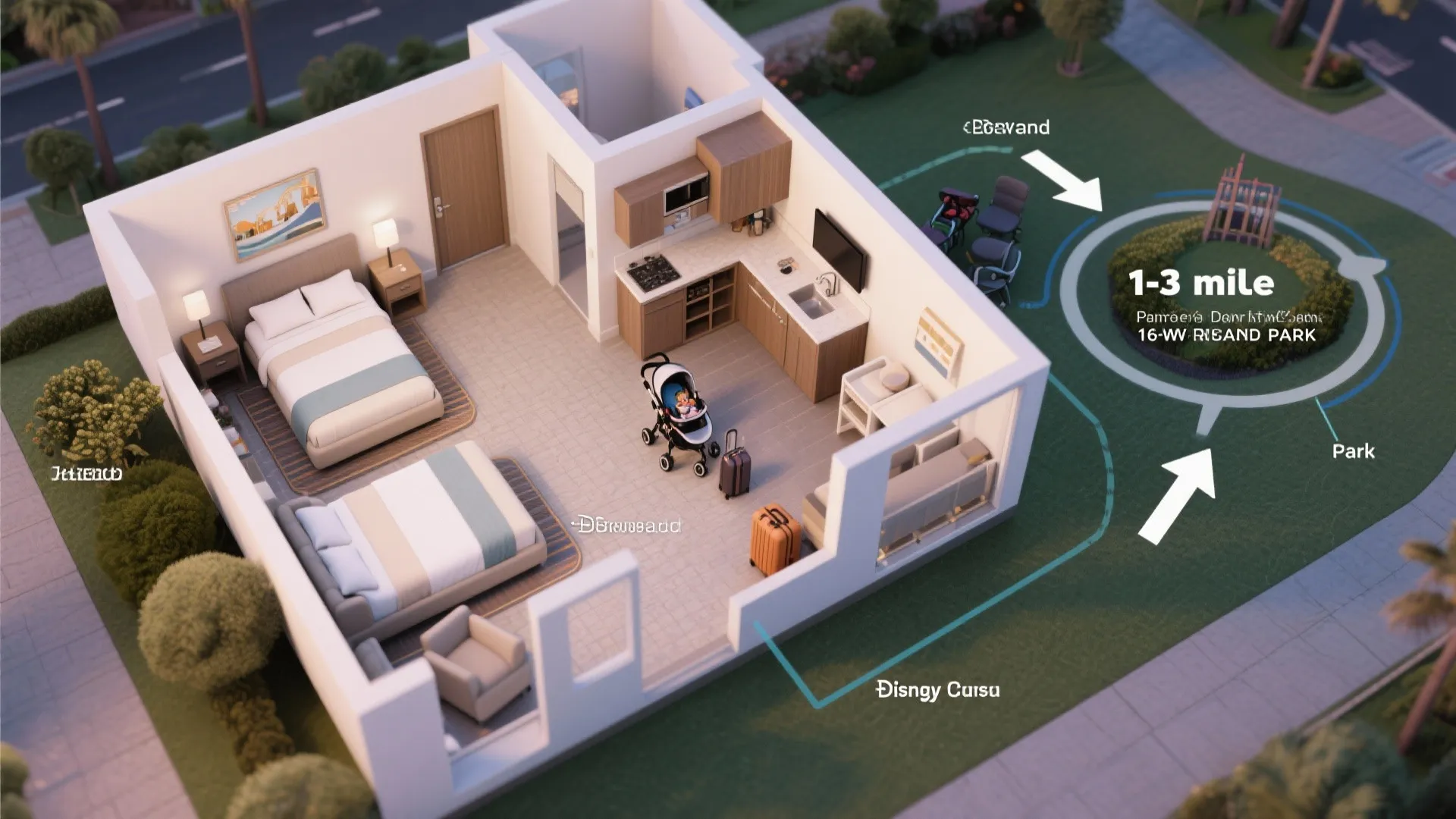 Top-down layout of a 2-bedroom suite showing bedrooms, living area, kitchenette and storage zones.