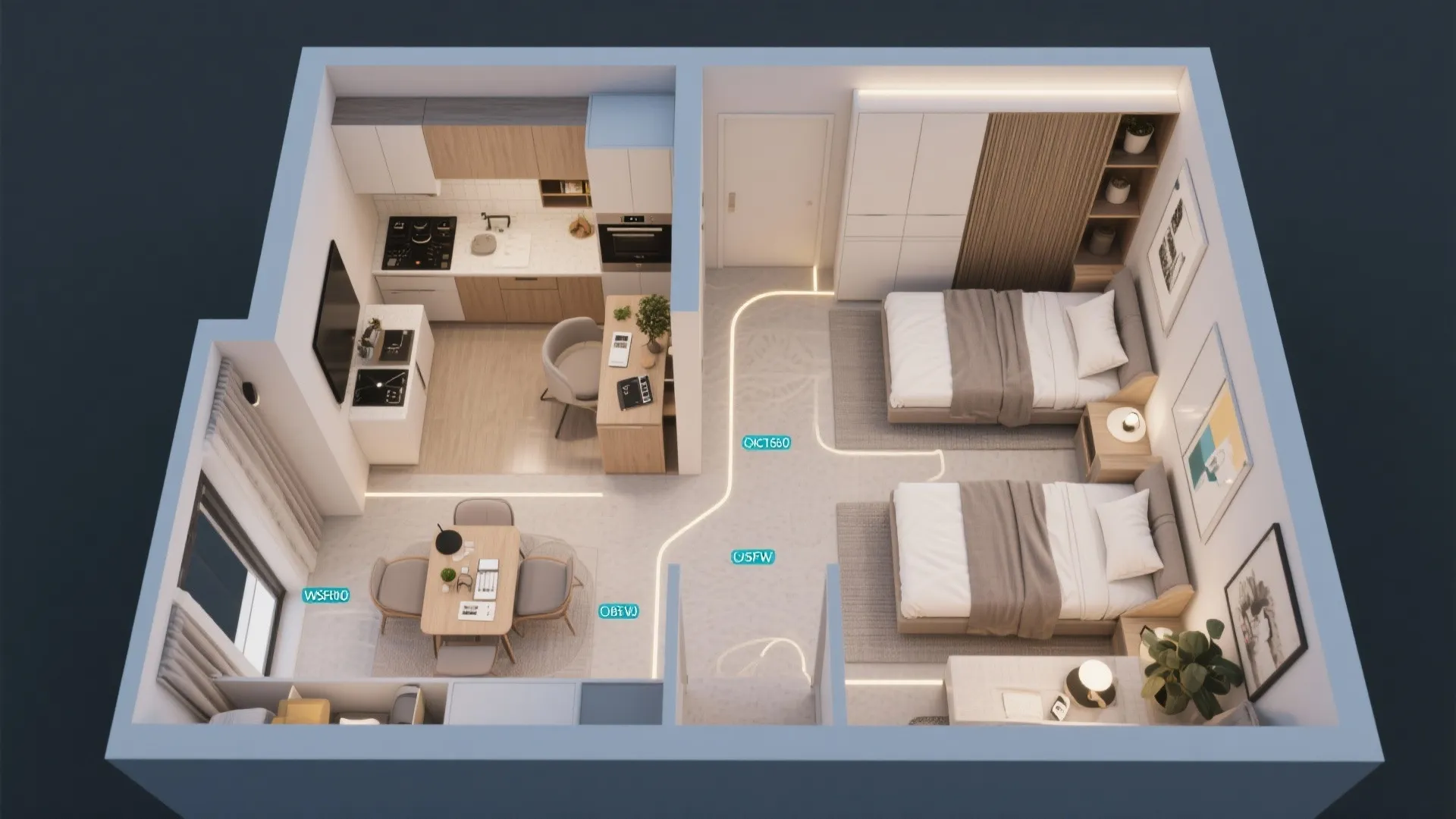 Top-down layout mockup of a compact two-bedroom suite highlighting zones and storage.