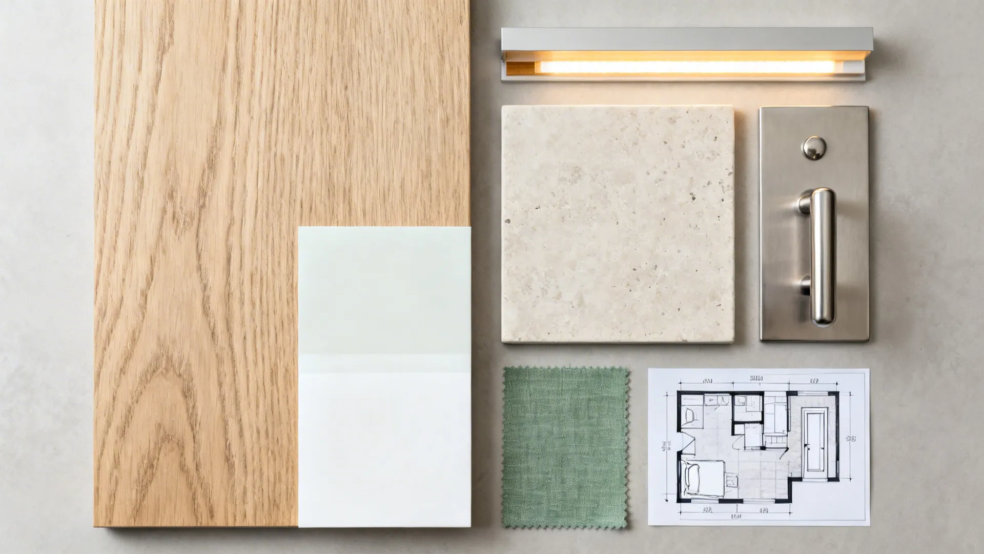 Mood board featuring wood panel, stone tile, green fabric, metal handle, light, and floor plan