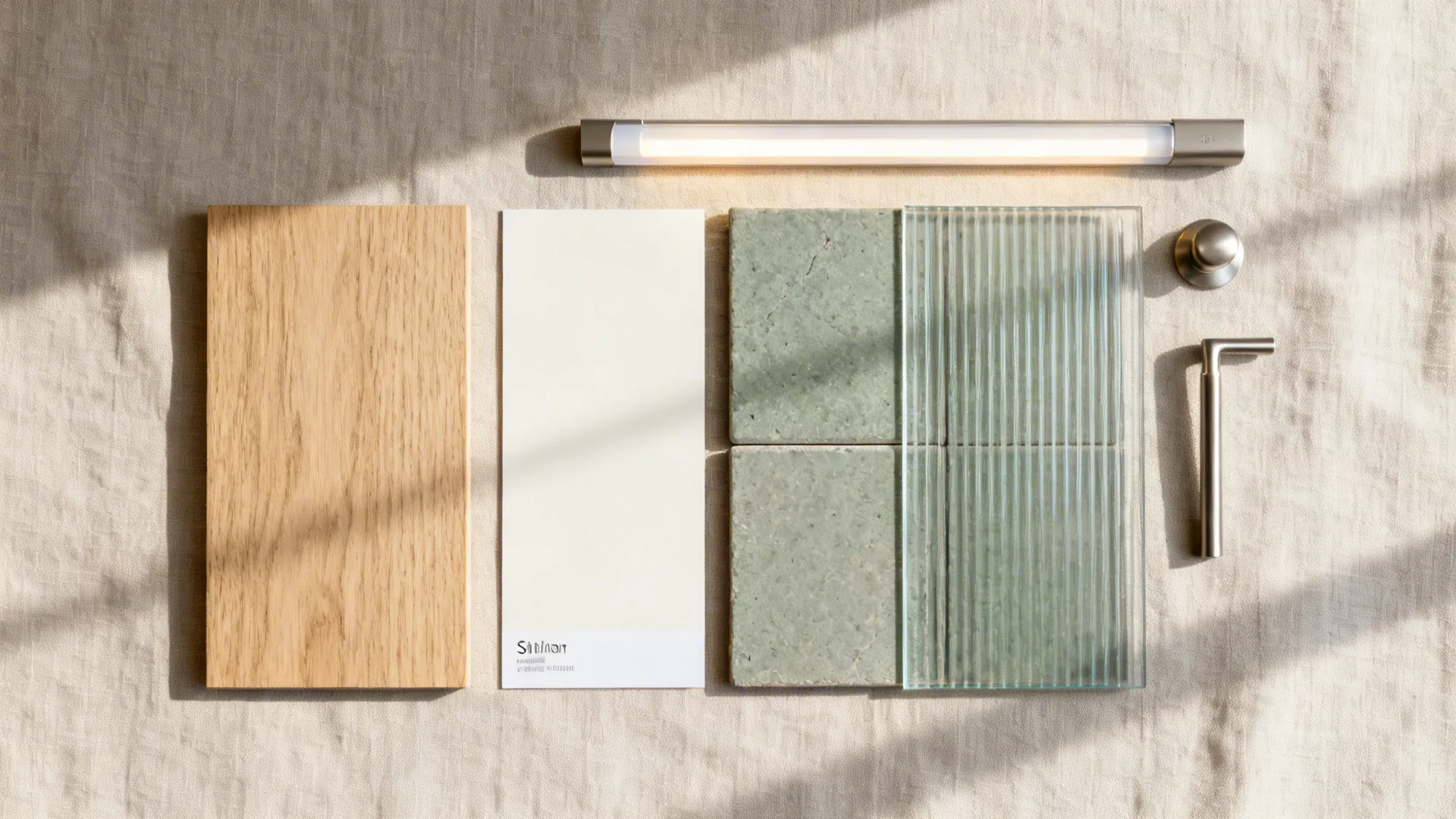 Flat lay of light oak, warm white paint, muted stone, reeded glass, LED diffuser, and brushed hardware.