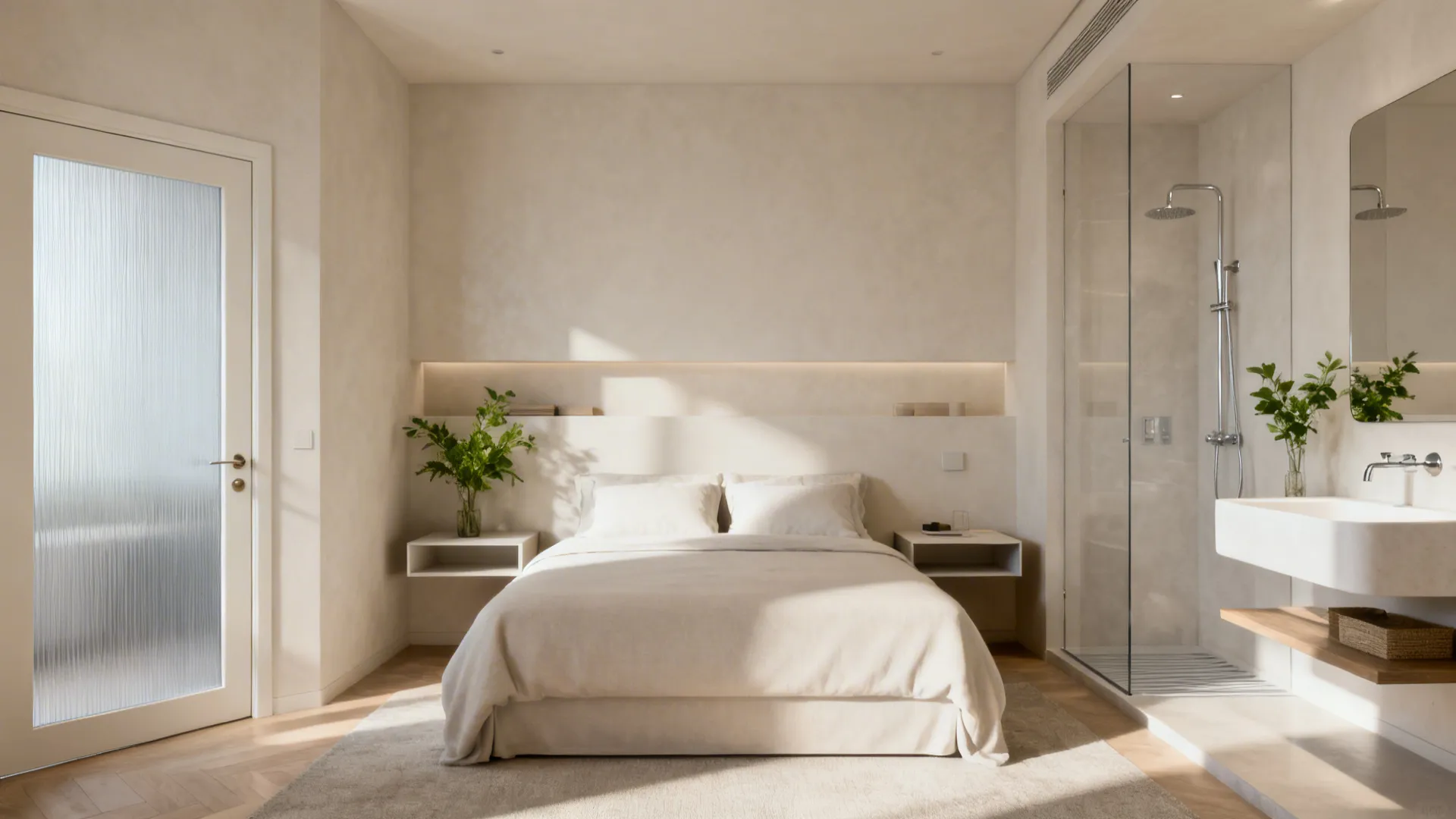 Modern minimalist bedroom with white bed wooden floor glass shower and bathroom sink with wall mirror