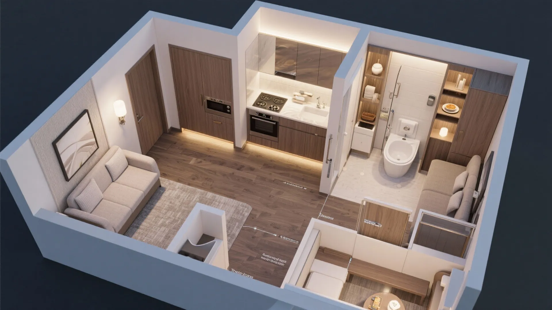Interior design drawing showing a small apartment with kitchen living area bathroom and wooden floor