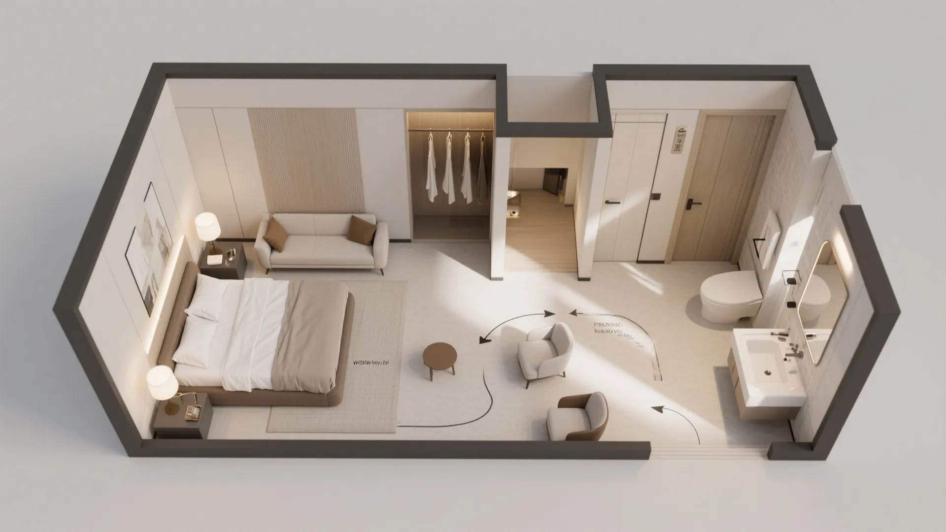 Top view interior design drawing of a hotel suite with bedroom sofa and bathroom area