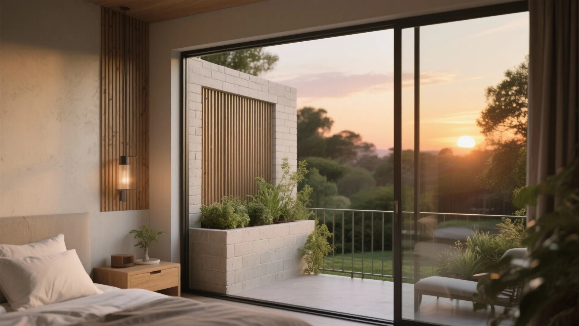 3) Primary-suite balcony with layered privacy