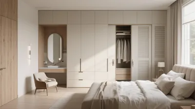 Serene Neutral Bedroom with Built-In Closet and Vanity