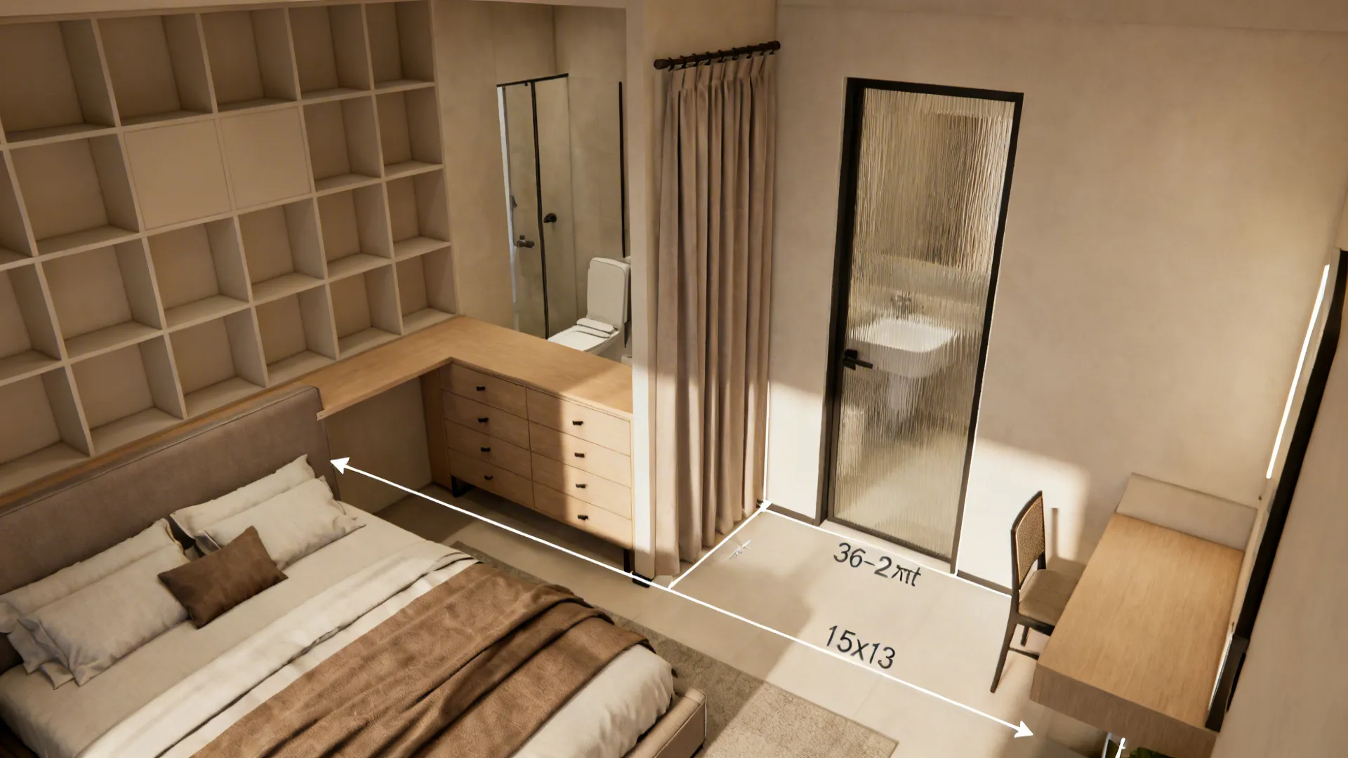 Top view interior design drawing of a modern bedroom with white shelves and wood desk