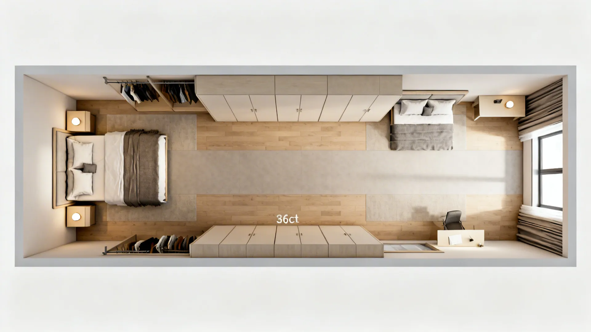 Top down view bedroom layout with two beds wooden floors and many large beige wardrobes