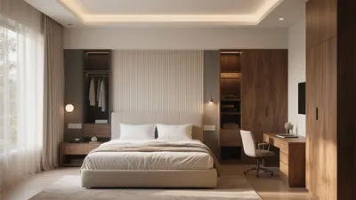Modern Bedroom with Wood Accent Walls and Hidden Storage