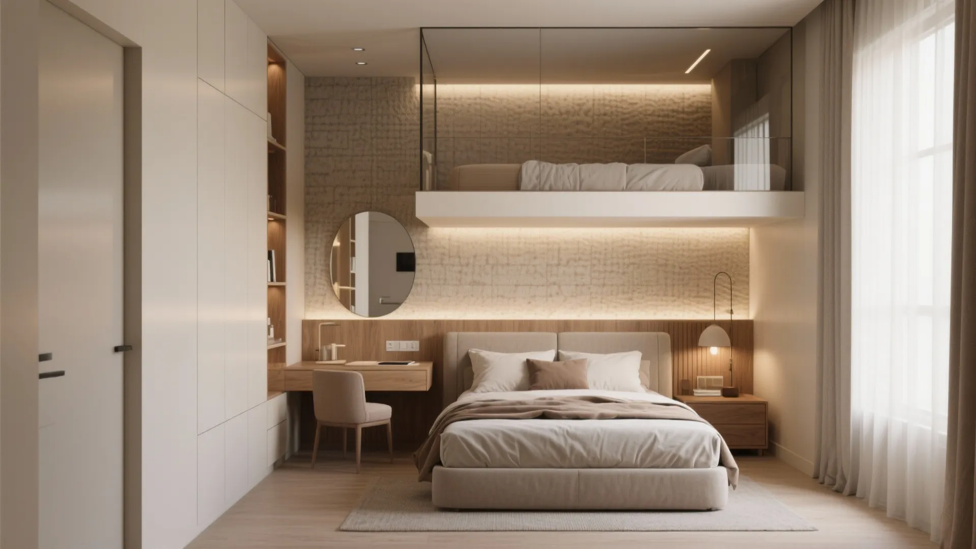 Compact studio room with a loft bed above the main sleeping area and desk space