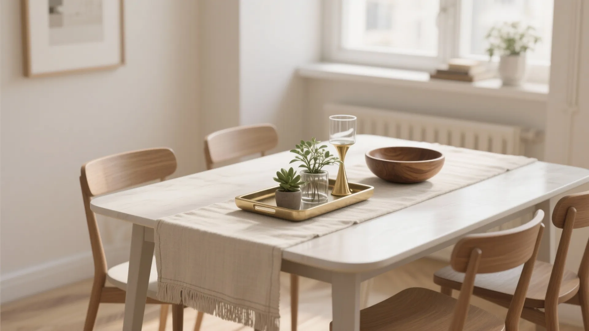 Minimalist dining room with white table wooden chairs gold tray small plants and natural light