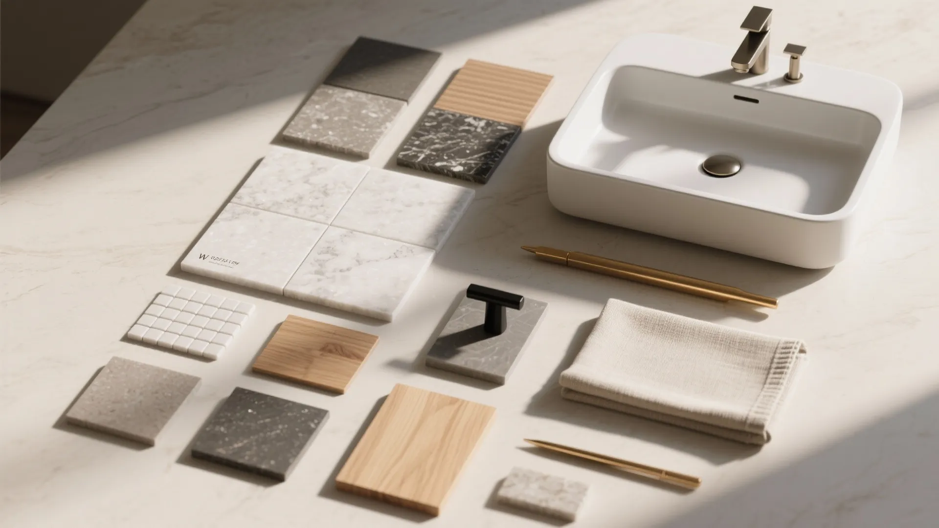 Interior design mood board with marble tiles wood samples white sink and gold pens display