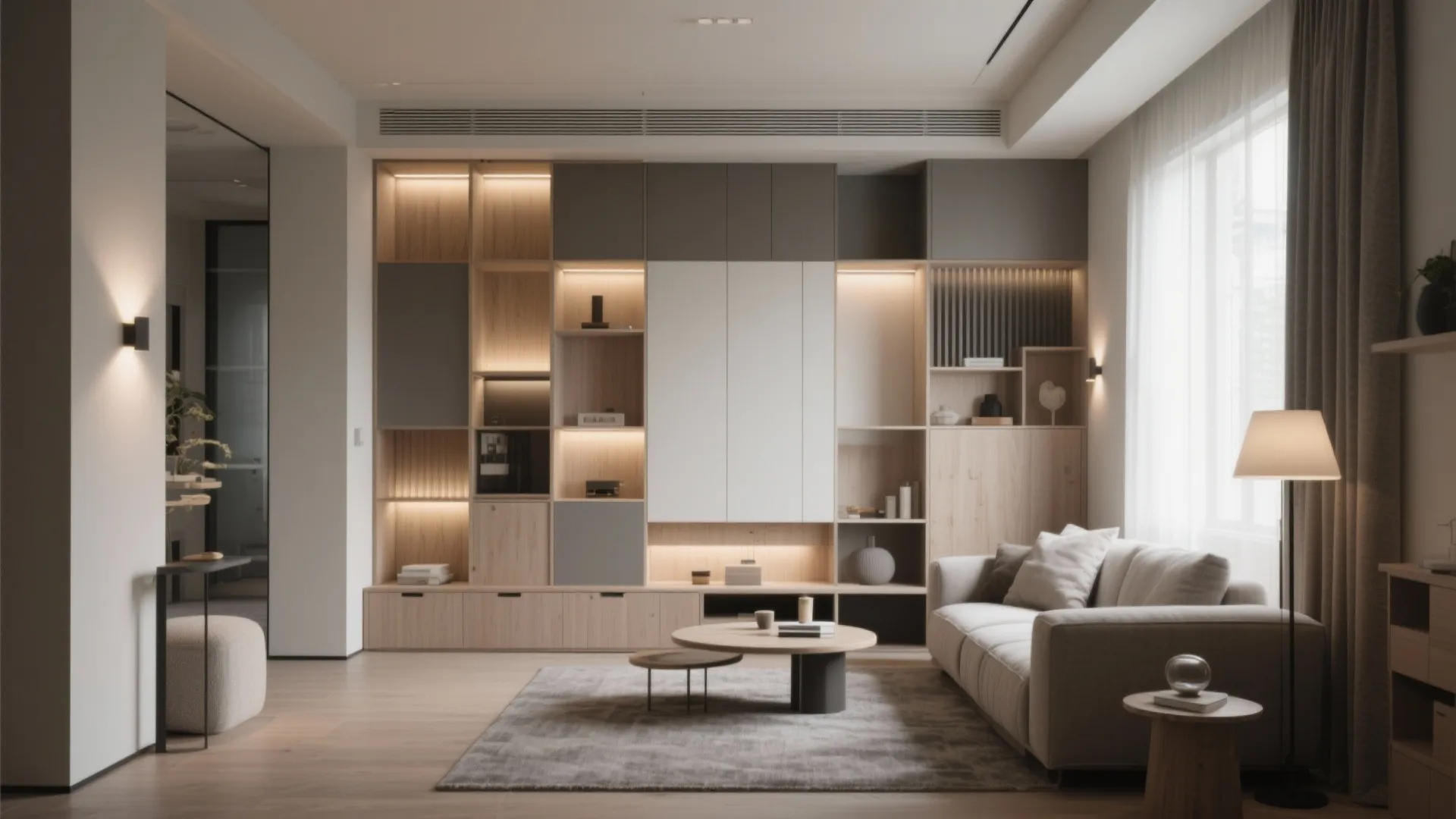 Modern living room with grey sofa wooden floor large cabinet wall lights and round table