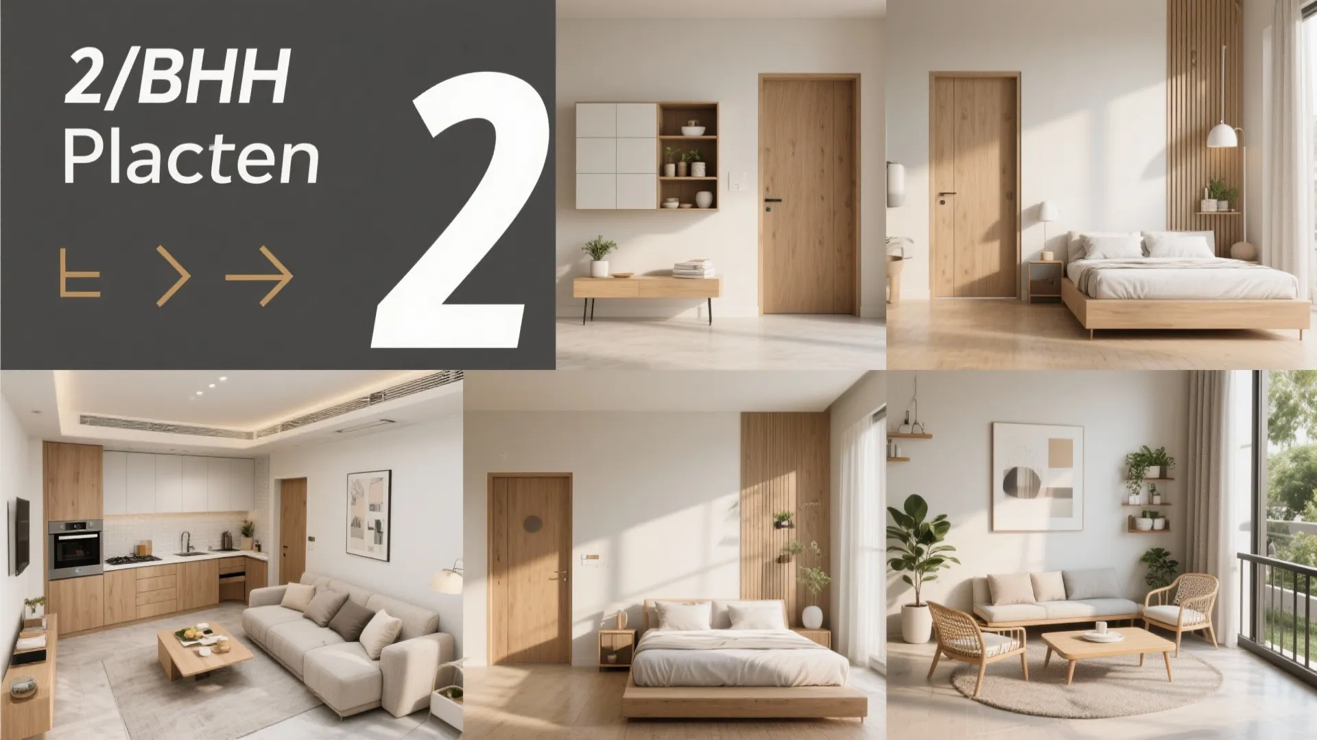 Interior design collection showing modern kitchen living room and bedroom ideas with light wood finishes