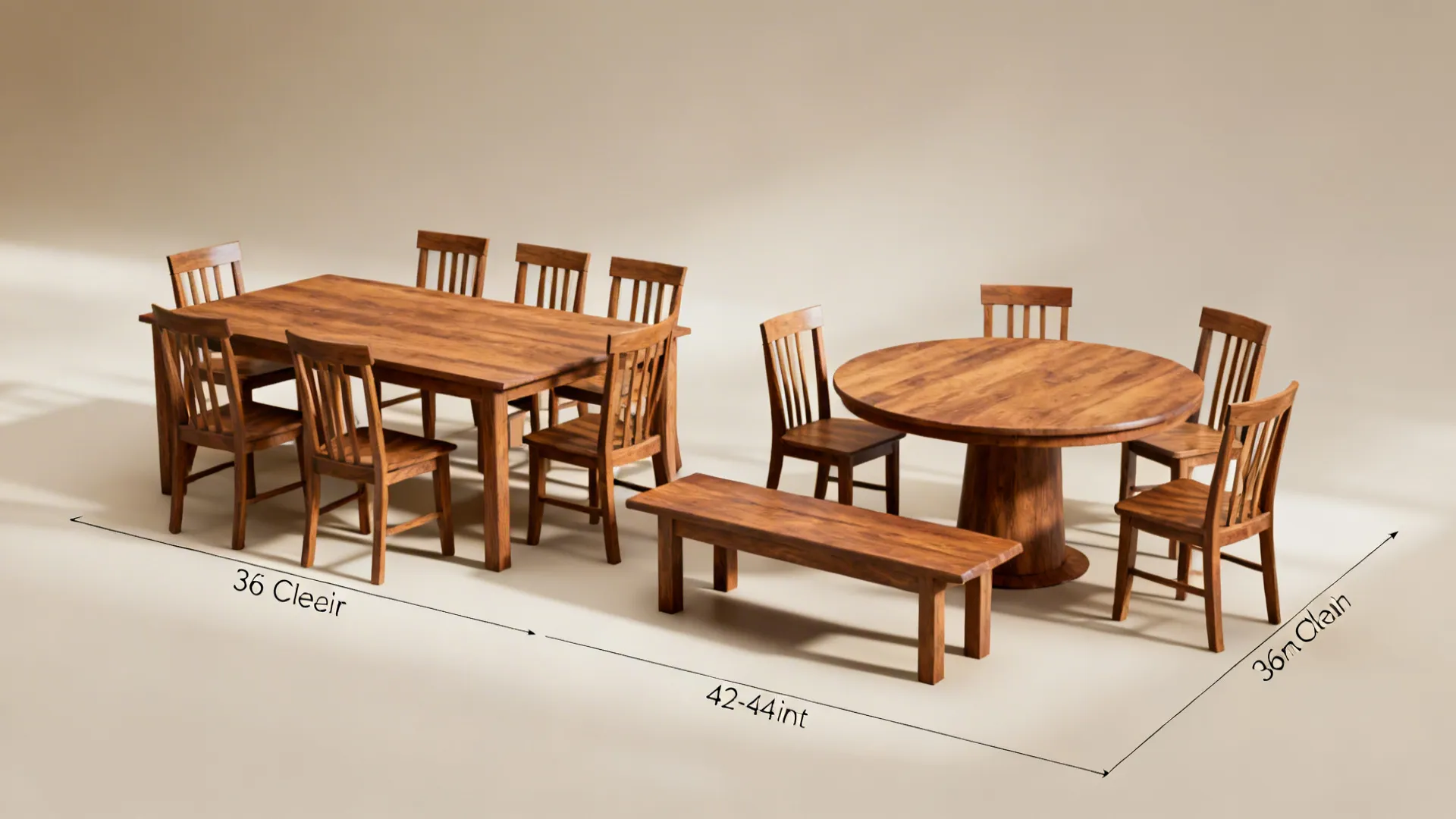 Overview of three six-seat setups: rectangle, round, and bench combo with clear circulation paths.