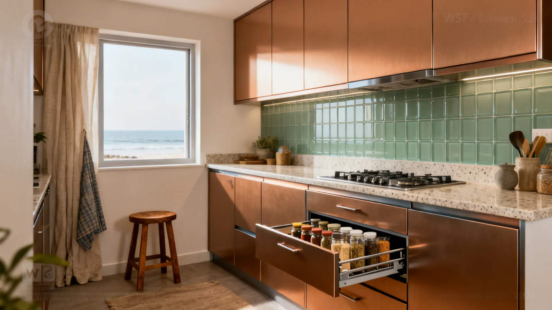 Compact Kerala kitchen with aluminium cabinets, sage glass backsplash, and warm accents.