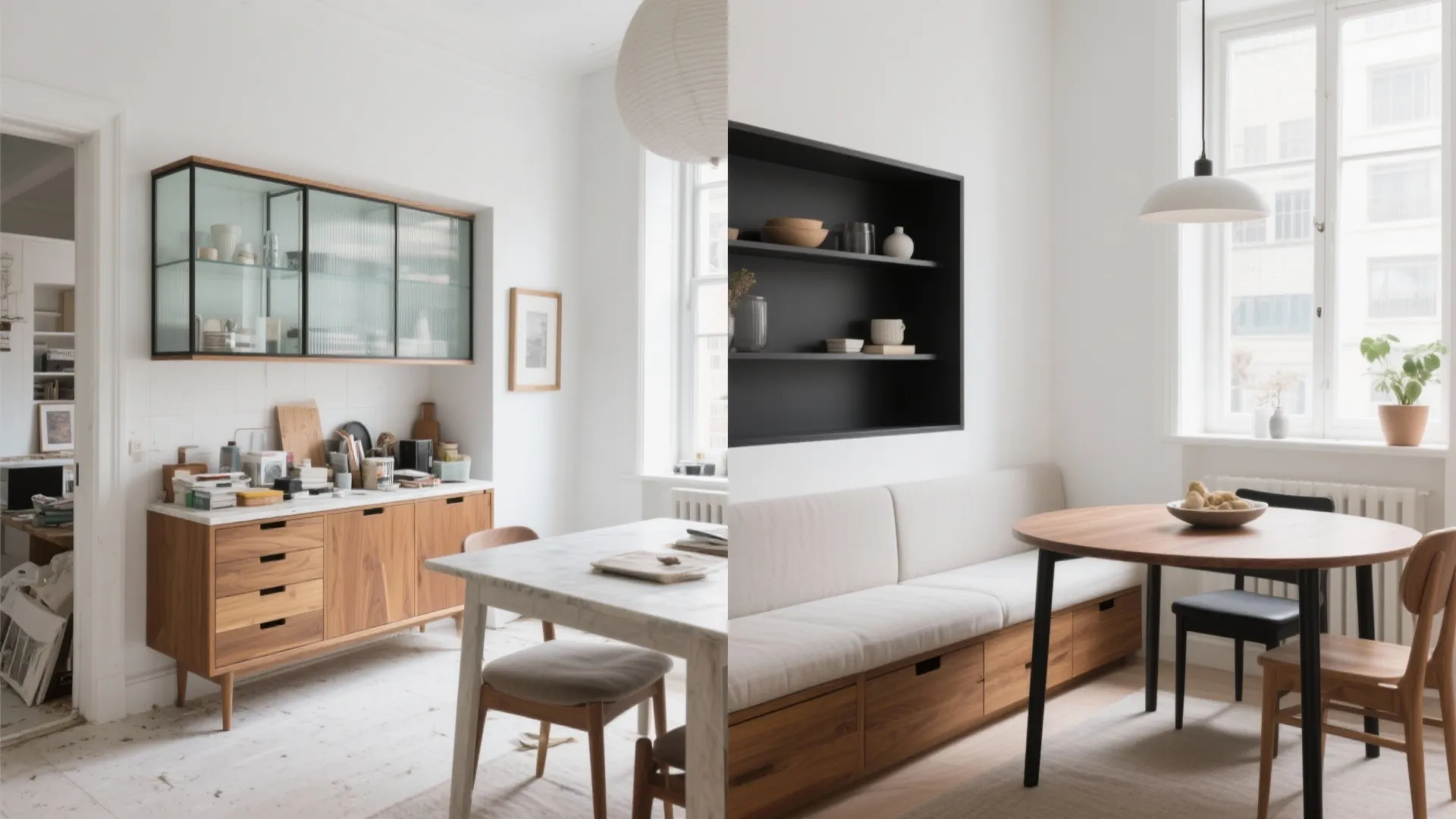 Before and after comparison showing a messy kitchen space versus a clean modern dining room