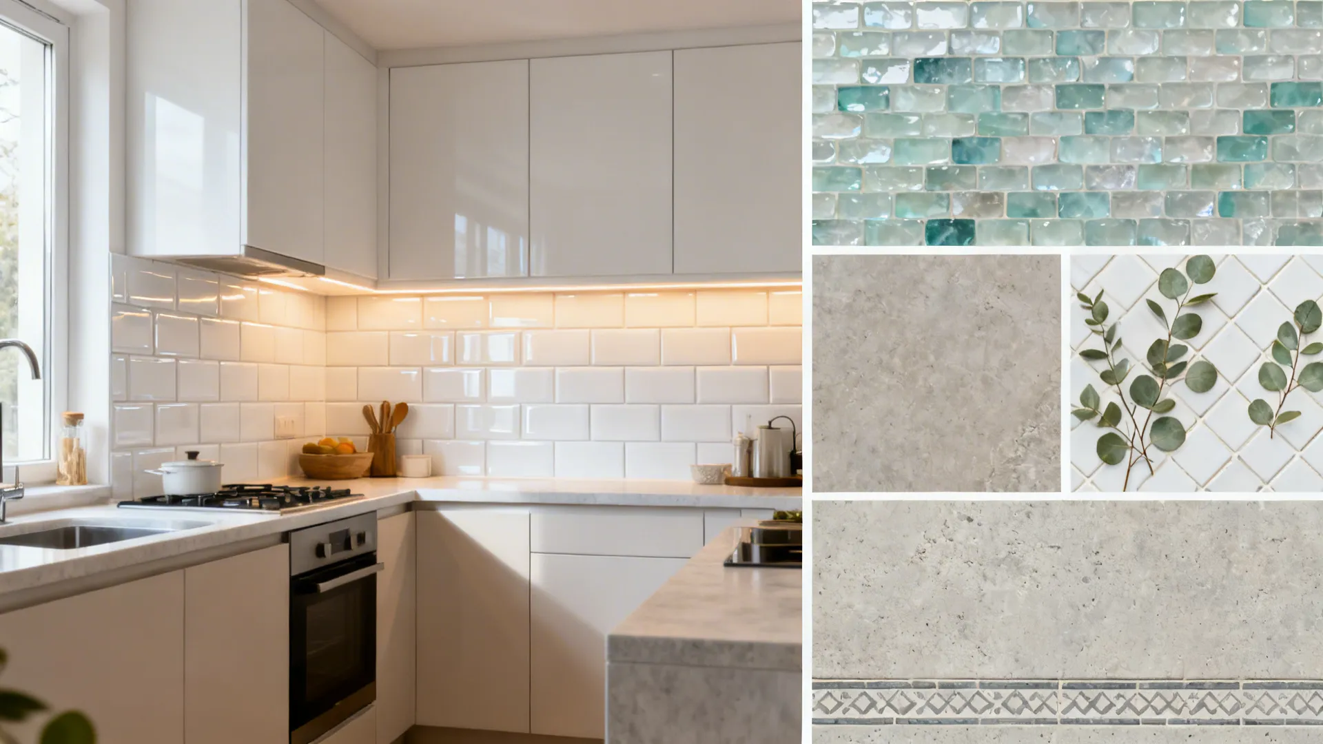Editorial vignette showing five small-kitchen backsplash styles in one cohesive view.