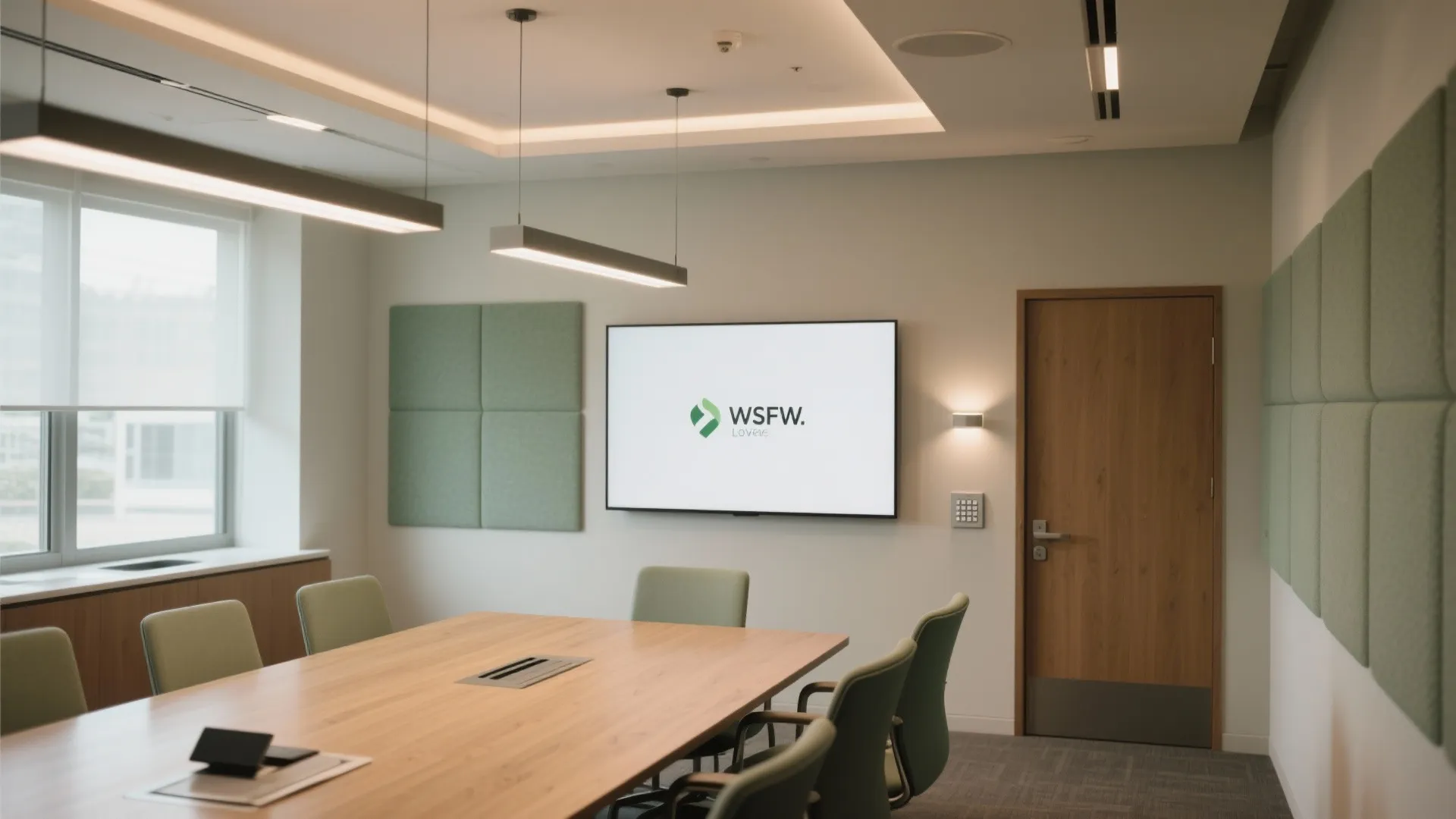 Empty meeting room featuring a wooden table green chairs wall panels and a large screen