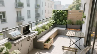 Modern Balcony Outdoor Living Space with Fire Pit