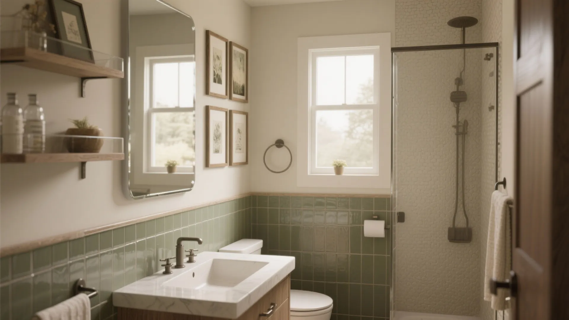 Cohesive small bathroom combining mirrors, shelves, tile strip, framed art and textured panels in warm neutrals.