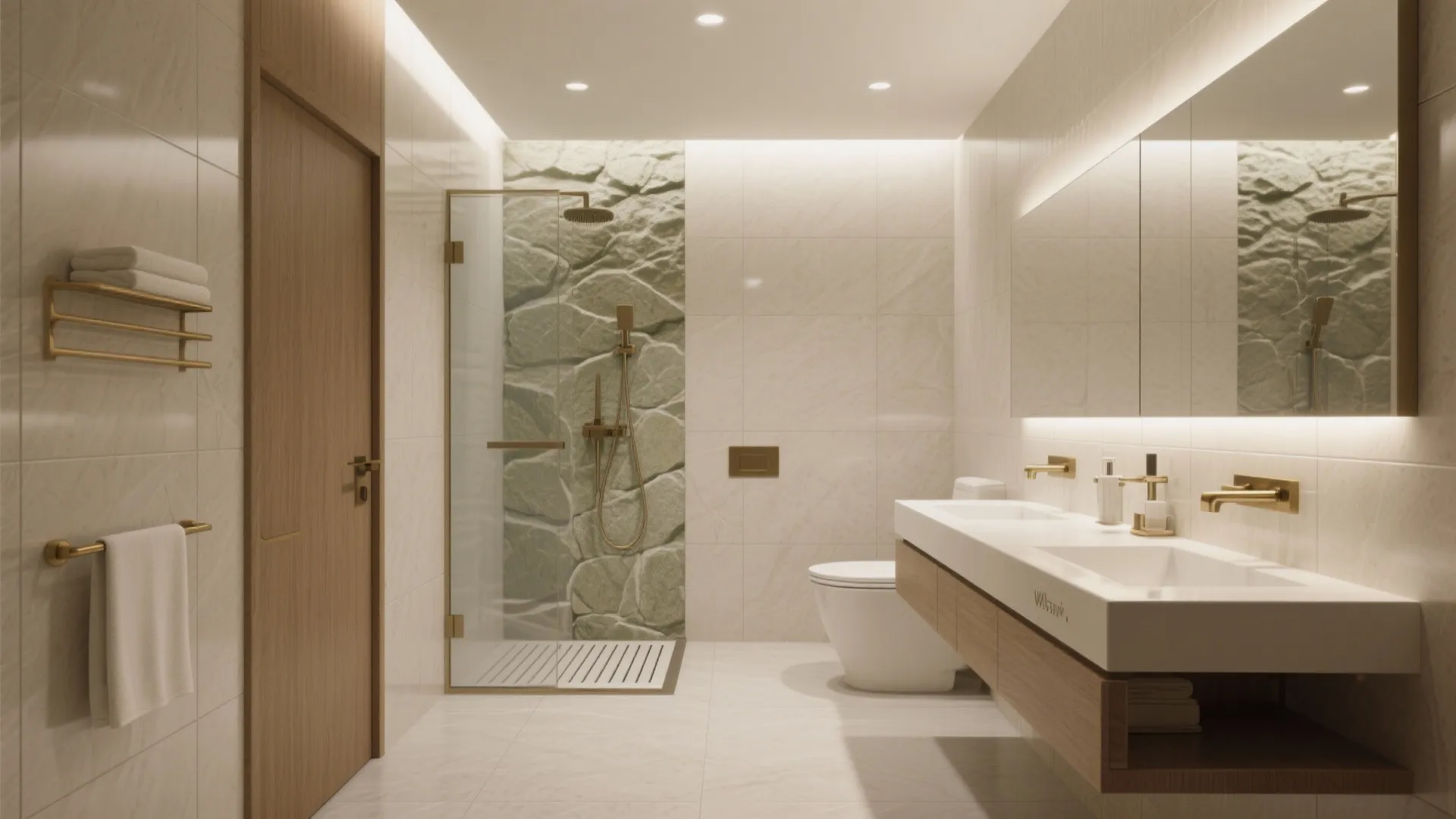 Modern bathroom interior featuring stone shower wall double sink with gold faucets and wooden door