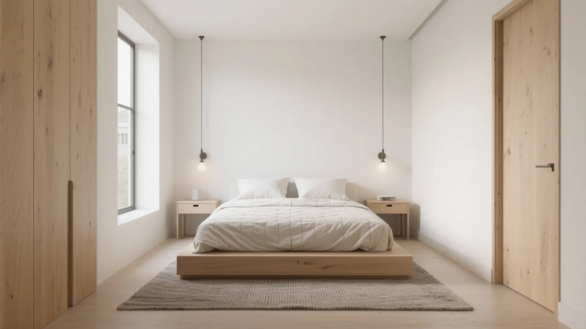 Minimalist bedroom with wooden bed frame white bedding two hanging light fixtures and large window