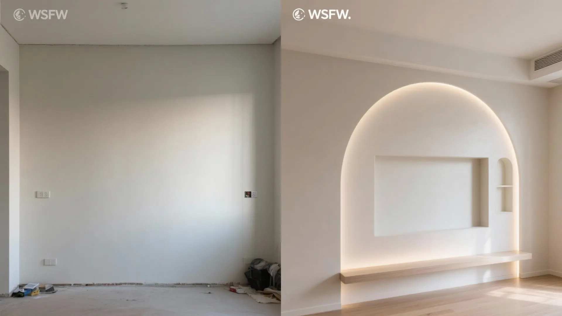 Before and after comparison of a plain white wall transformed into an arched feature wall