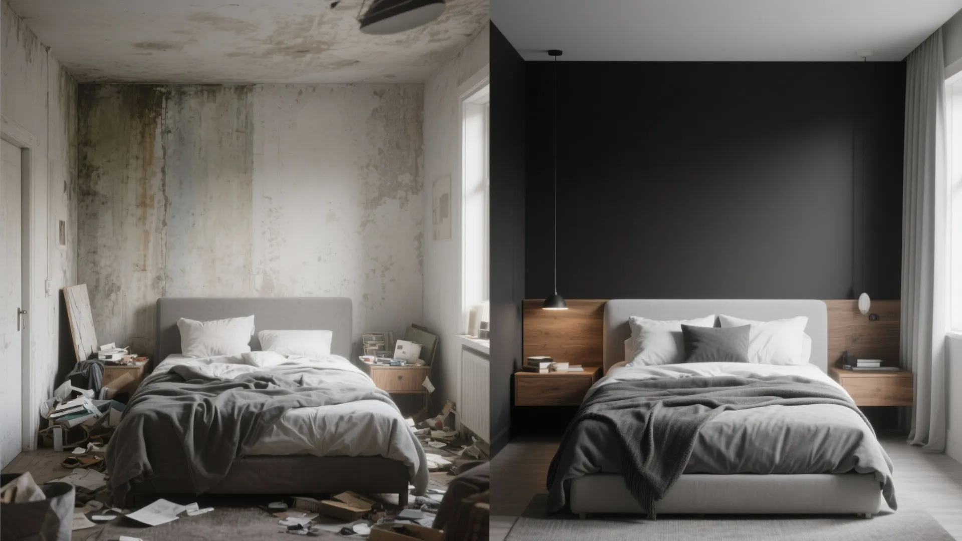 Before and after side by side comparison showing a messy bedroom renovation into clean modern space