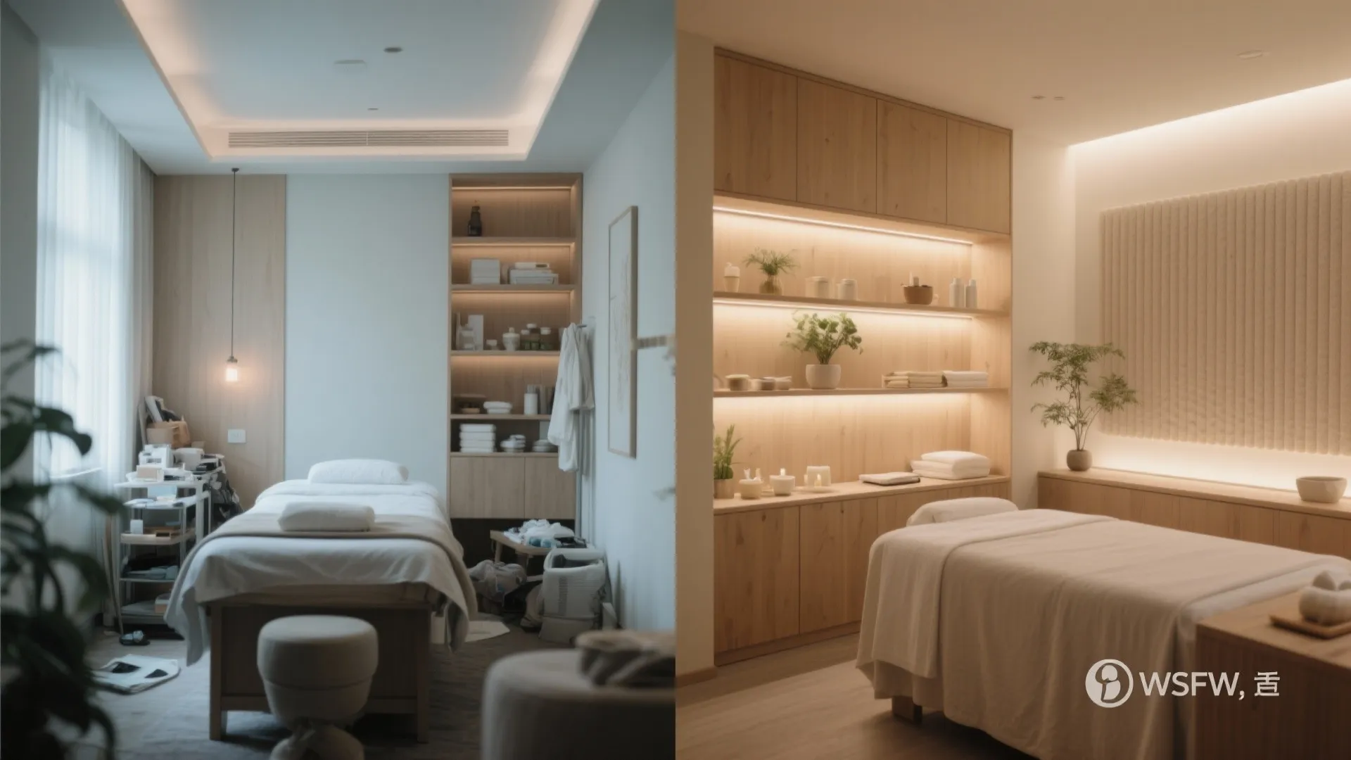 Comparison between a messy massage room and a clean organized spa room with wood cabinets