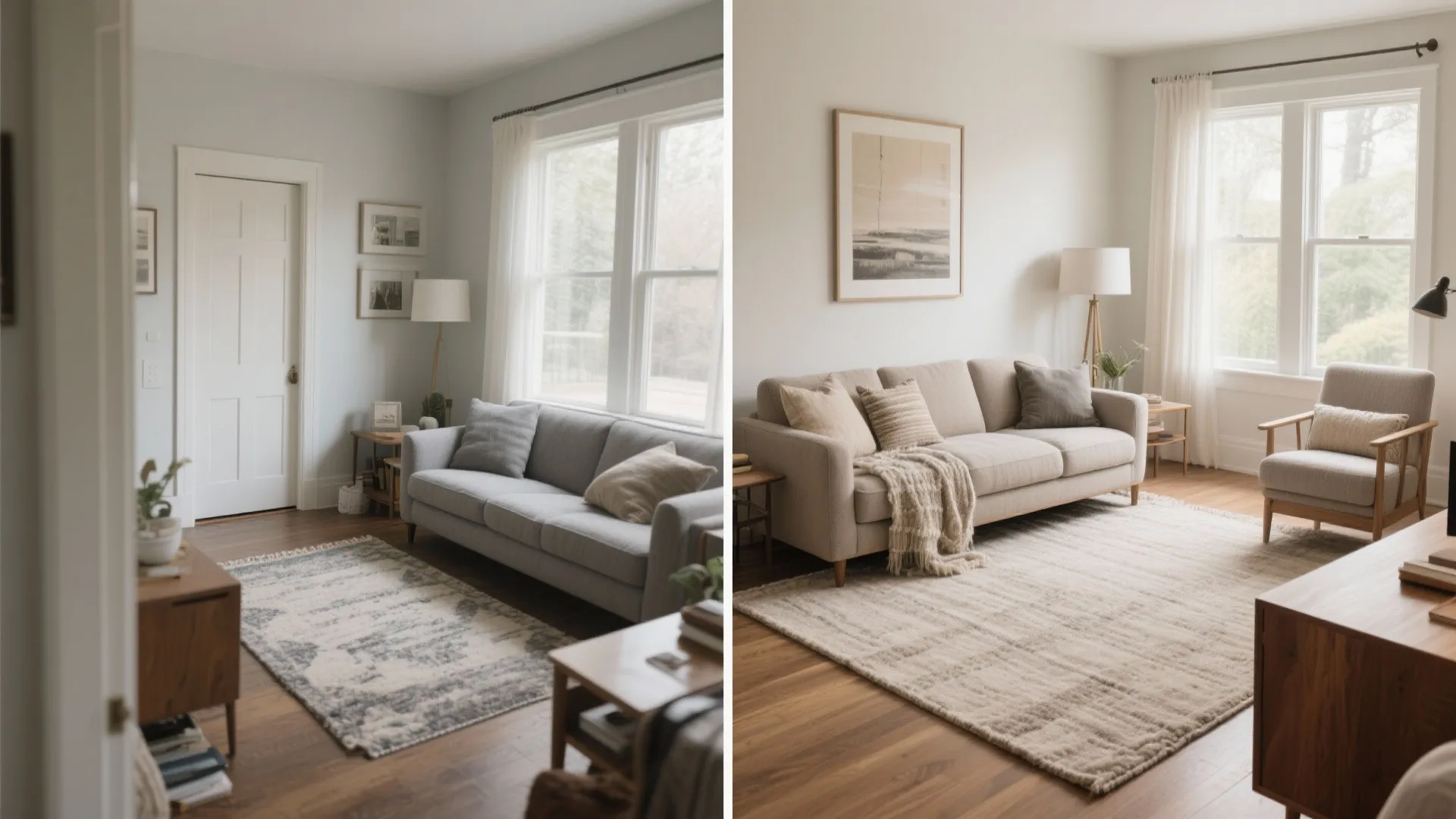 Before and after comparison showing living room layout changes with a new rug and sofa set