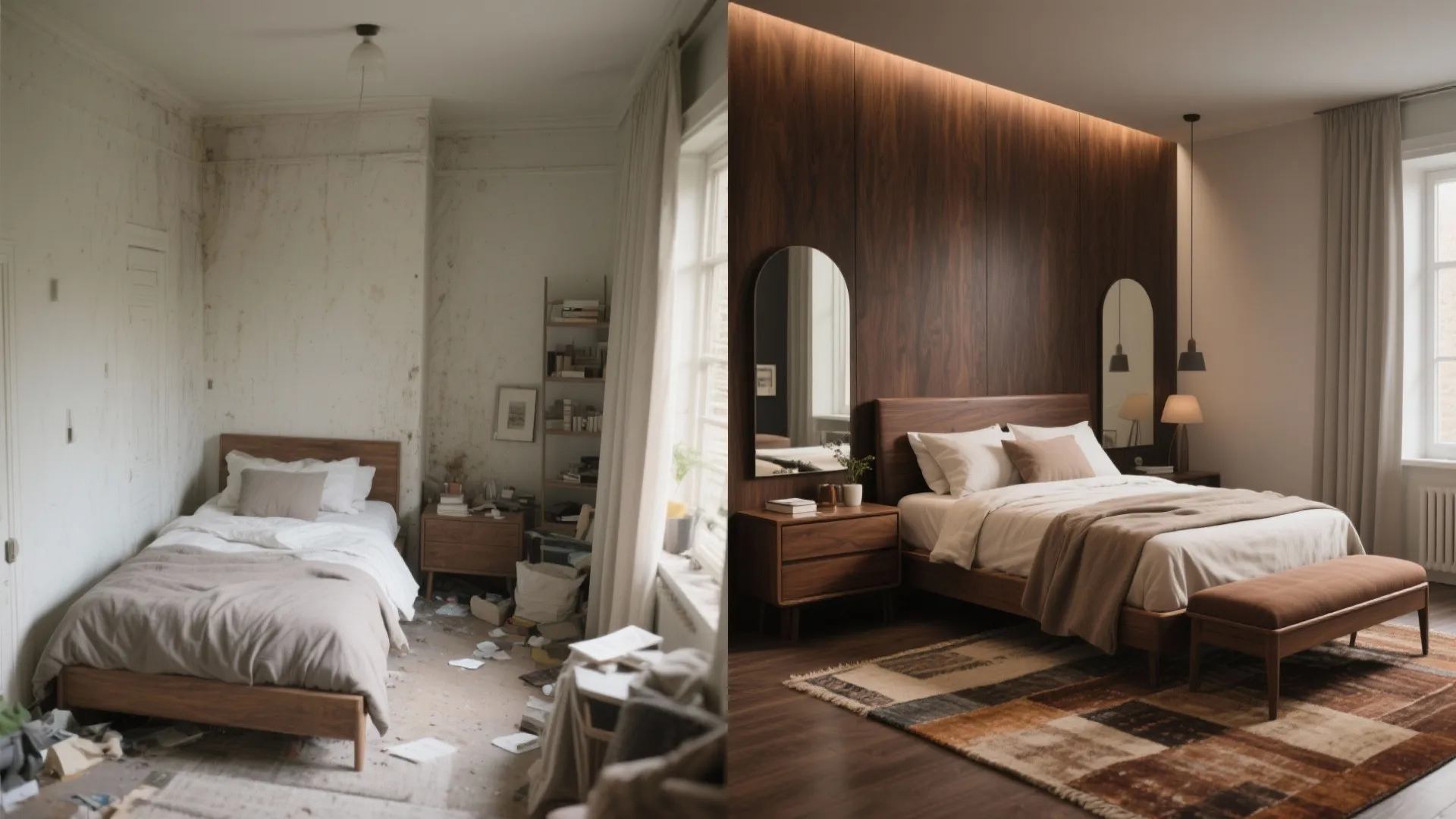 Before-and-after of a small bedroom transformed into a dark wood minimalist retreat