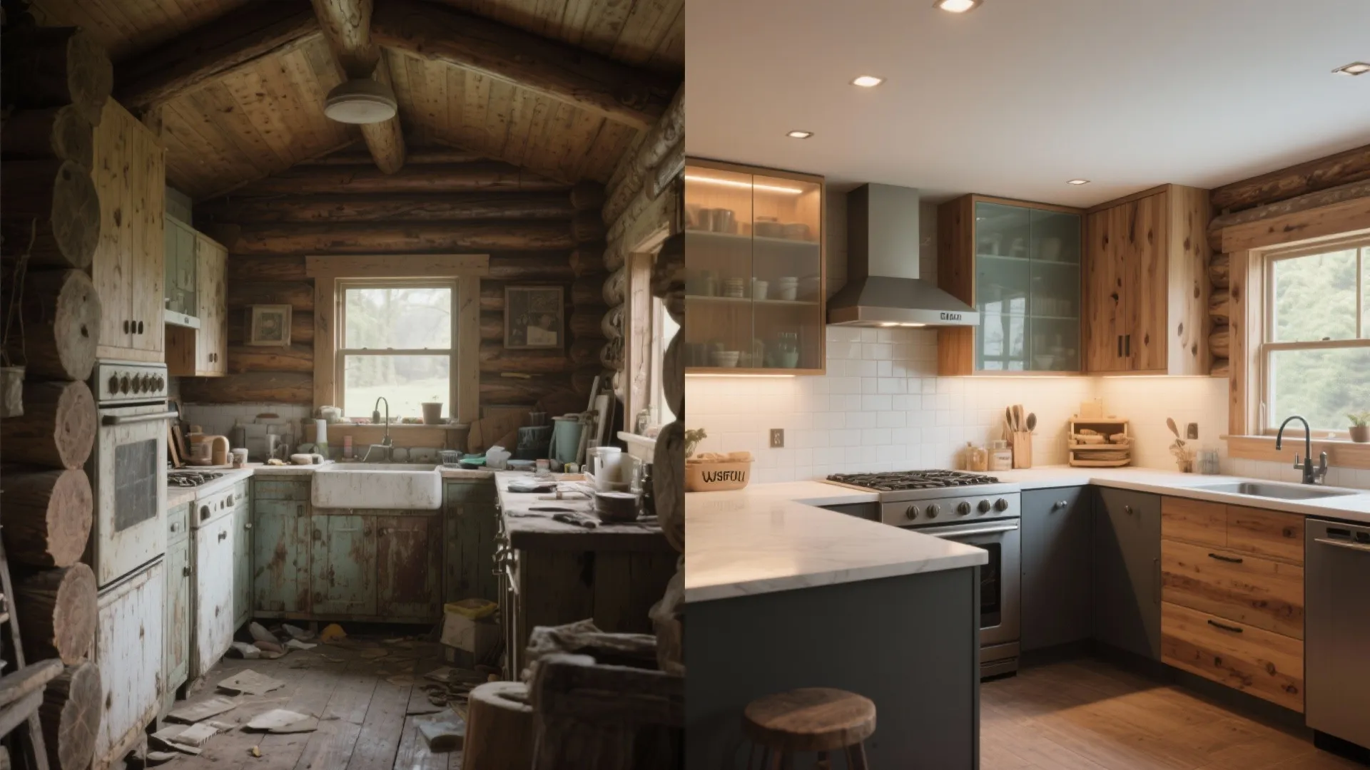 Before-and-after comparison showing a small log cabin kitchen transformed with modern storage, L-shaped layout and warm finishes.
