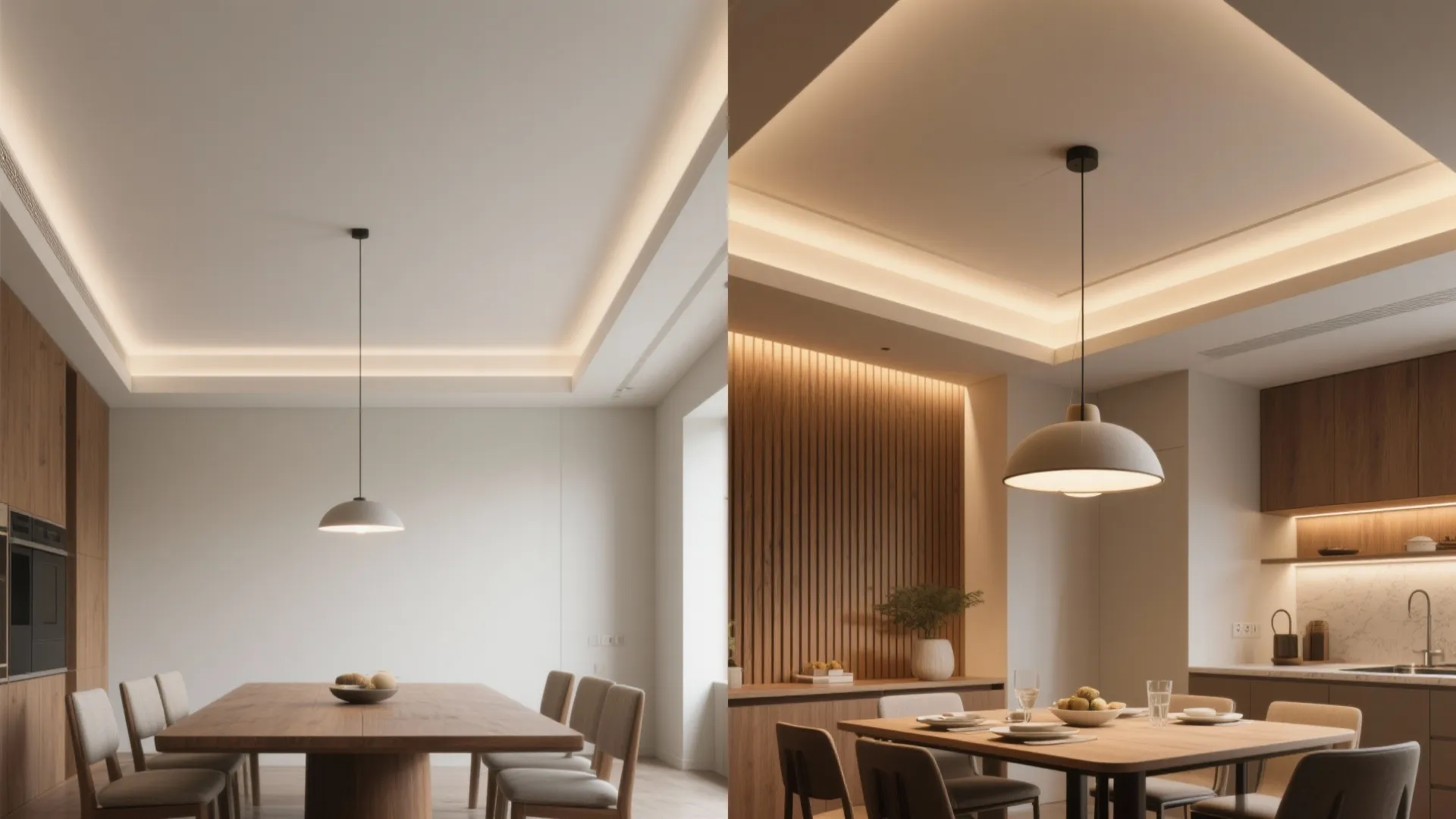 Comparison of two modern dining rooms with wooden tables wall panels and different ceiling lights